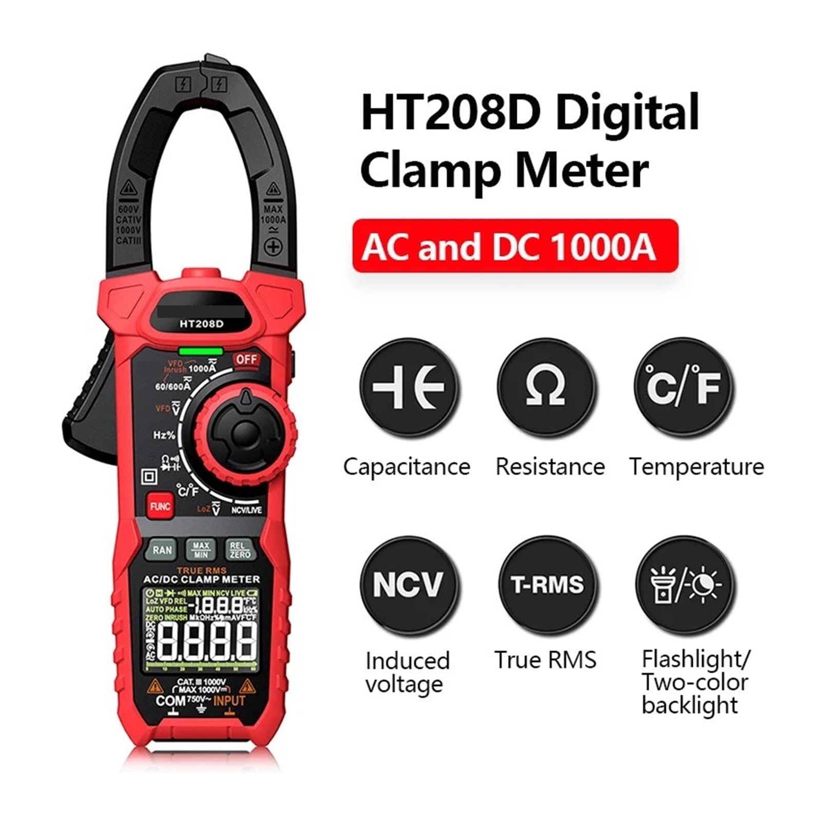 HT208A/D AC/DC Medidor De Pinza Digital Multímetro Amperimetrica Valores Eficaces Verdaderos Capacitancia Alta Precisión NCV Ohm Hz Probador Lectura Rápida Precisa Sencilla(HT208A AC 1000A)