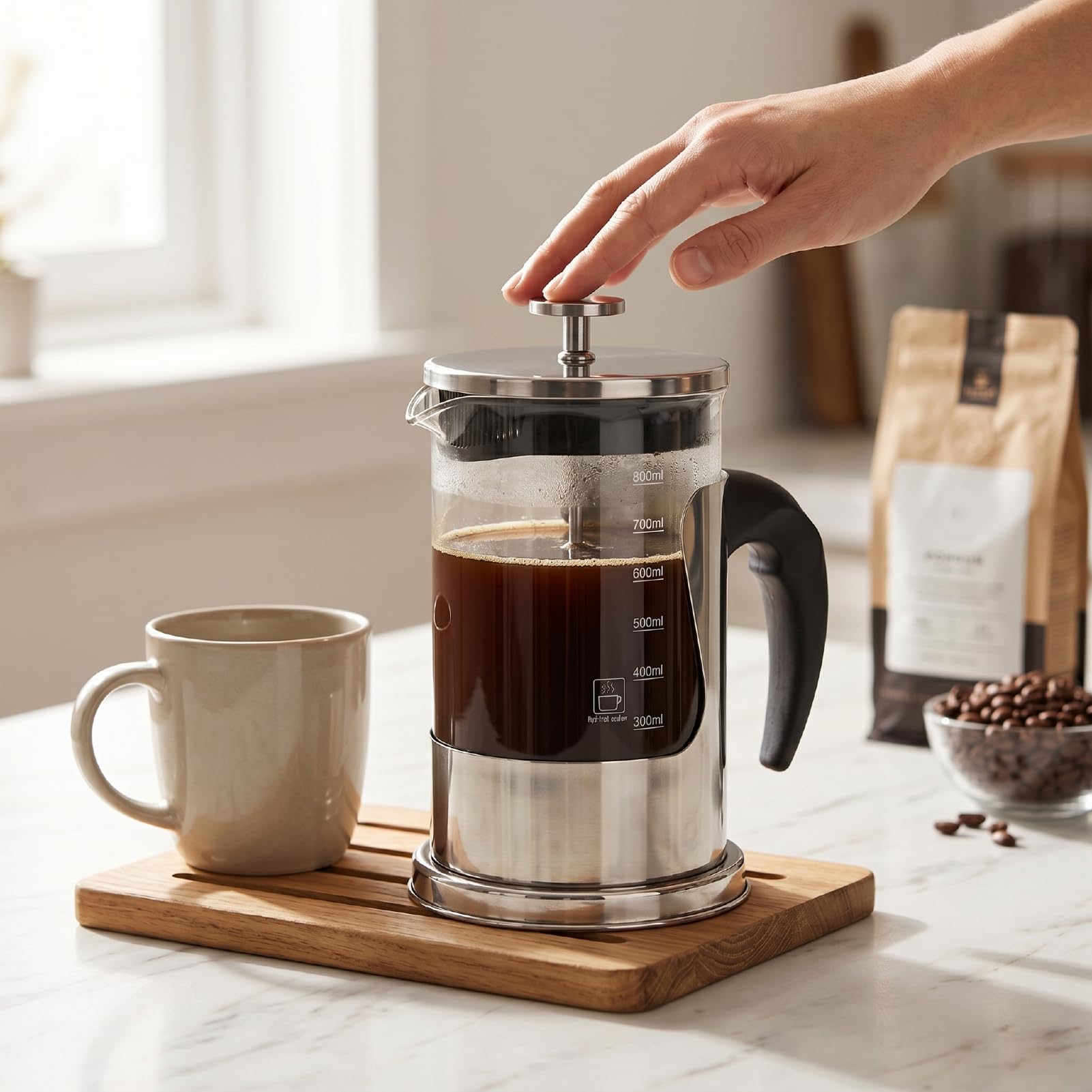 Cryfokt Cafetière à Presse Française, Acier Inoxydable 304 et Verre à Haute Teneur en Borosilicate avec Filtre entrelacé de 80 Mailles pour la Maison, les Voyages, le Camping ou le Bureau (SILVER