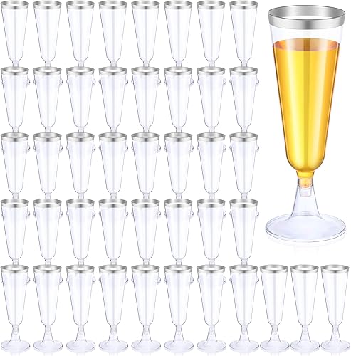 Thenshop 50 copas de champán de plástico de 5.5 onzas, vasos de tostado desechables transparentes con borde, vasos desmontables para bodas, fiestas, Thenshop 50 copas de champán de plástico de 5.5 onzas, vasos de tostado desechables transparentes con borde, vasos desmontables para bodas, fiestas,