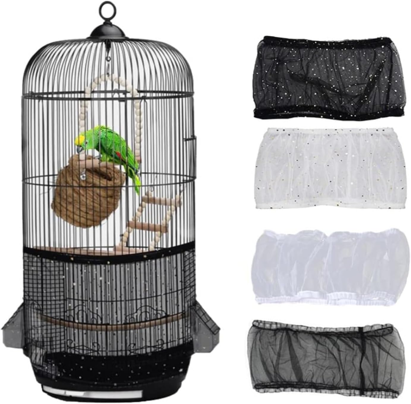 Bird cage cover Bird Cage Seed Catcher Mesh Birdcage Seeds Skirt Guard Net Cover Shell (Black Medium)