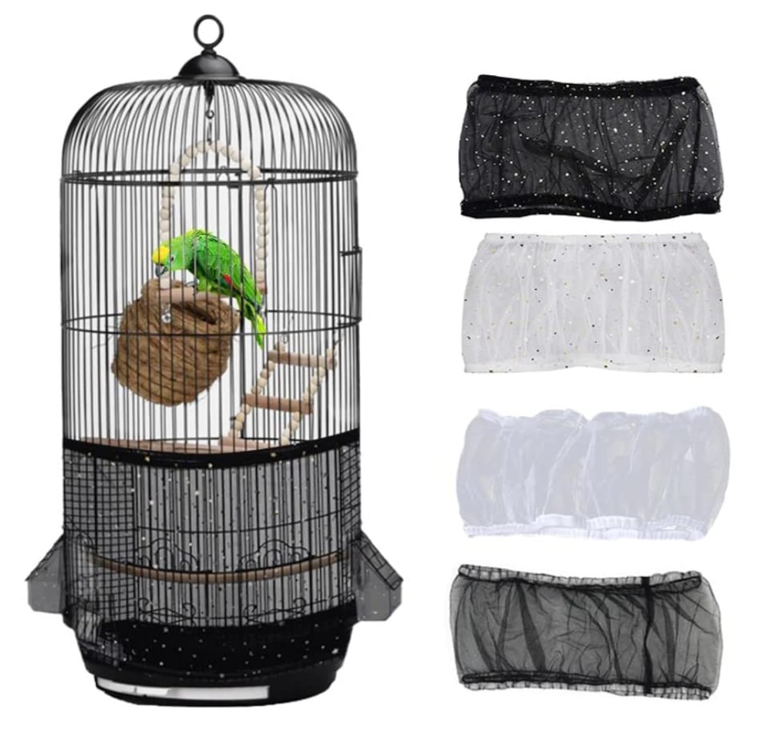 Bird cage cover Bird Cage Seed Catcher Mesh Birdcage Seeds Skirt Guard Net Cover Shell (Black Medium)