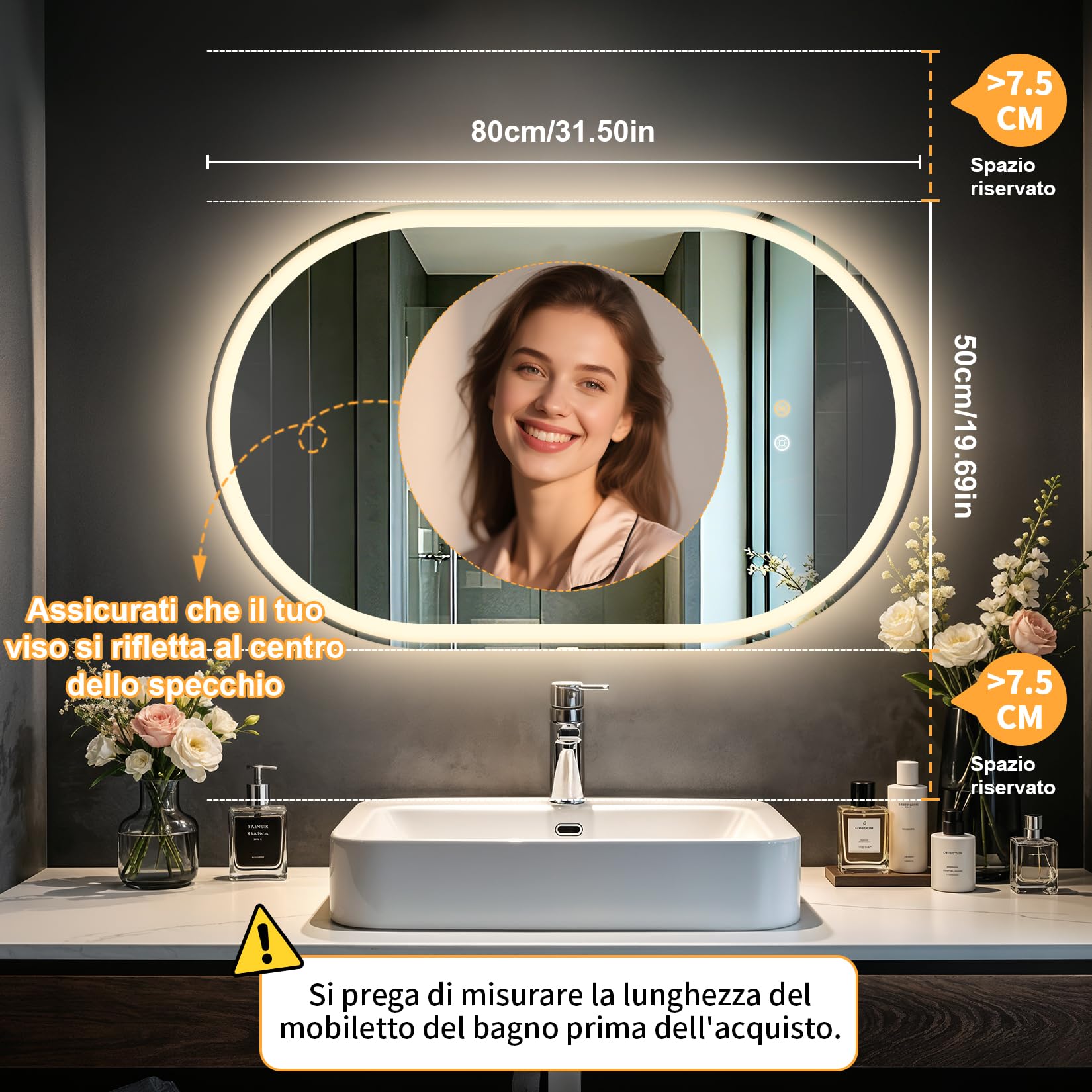 Miroir de salle de bains ovale avec éclairage LED, 80 × 50 cm