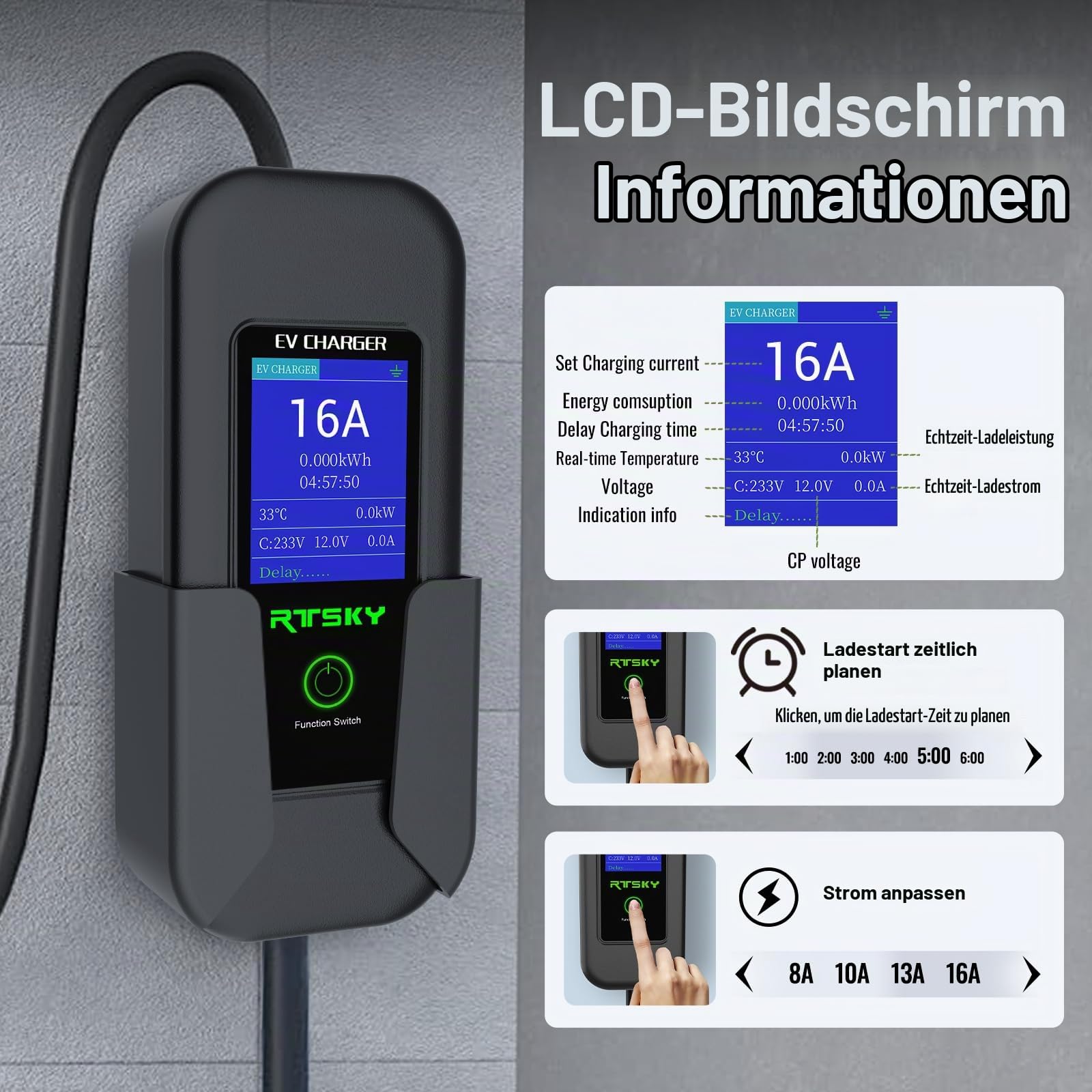 Mobile Wallbox/Ladestation 11kW [3-phasig｜7m Ladekabel] mit Einstellbarer Ladeleistung, Ladekabel CEE 16A und EV Ladegerät für Model Y/3, ID.3/4/5, MG4, EX30, e-tron, Zoe und andere EV