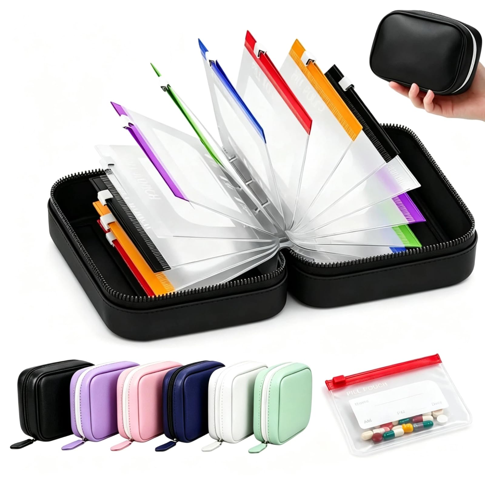 Travel Pill Organizer Bag with 14 Reusable A8 Pill Pouches (Black)