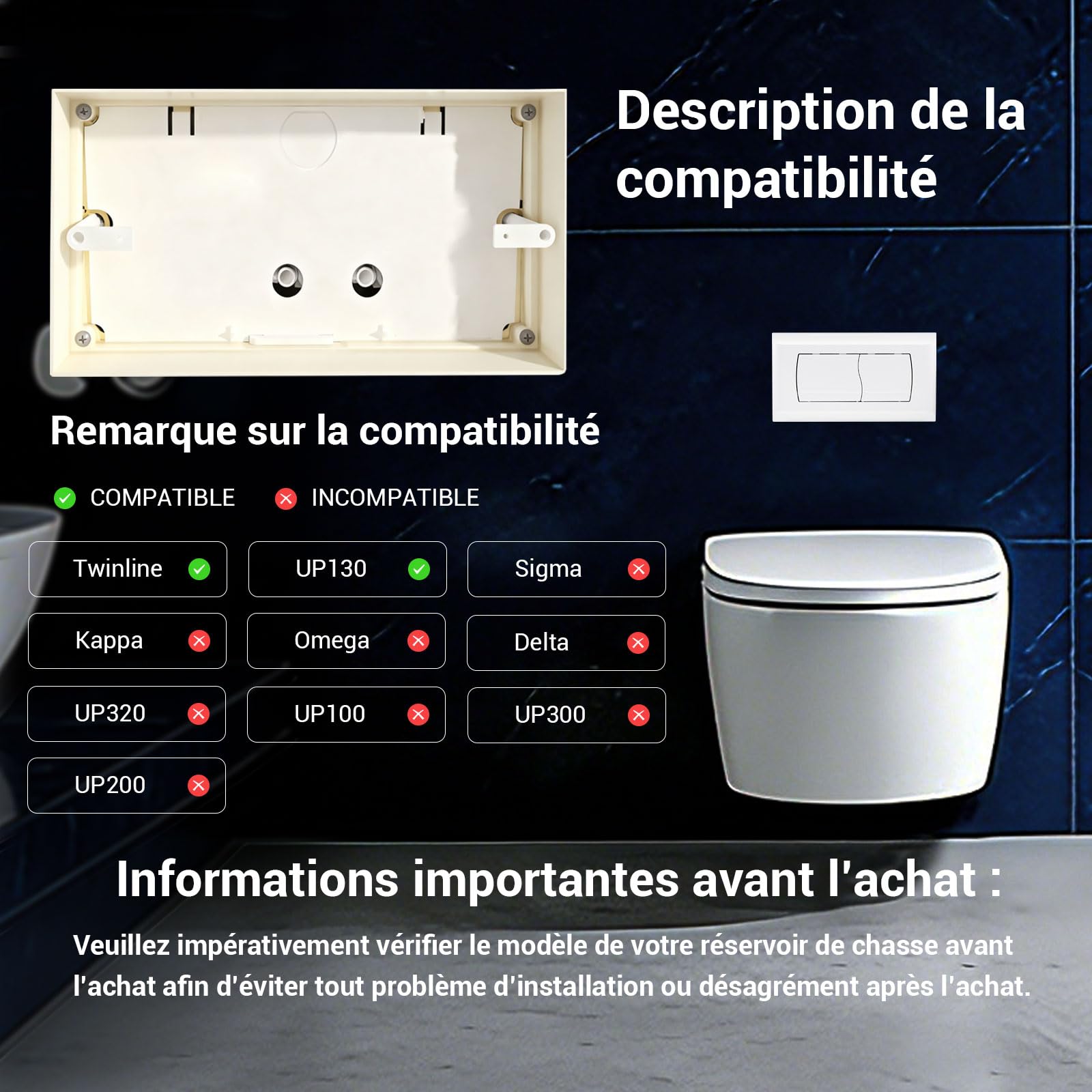 Empyreal Plaque de Déclenchement pour Réservoir de Toilette, Compatible avec Geberit Twinline 30&UP130, Double Chasse d'Eau, avec Kit d'Installation et Vis de Montage,340 x 185mm(Blanc)