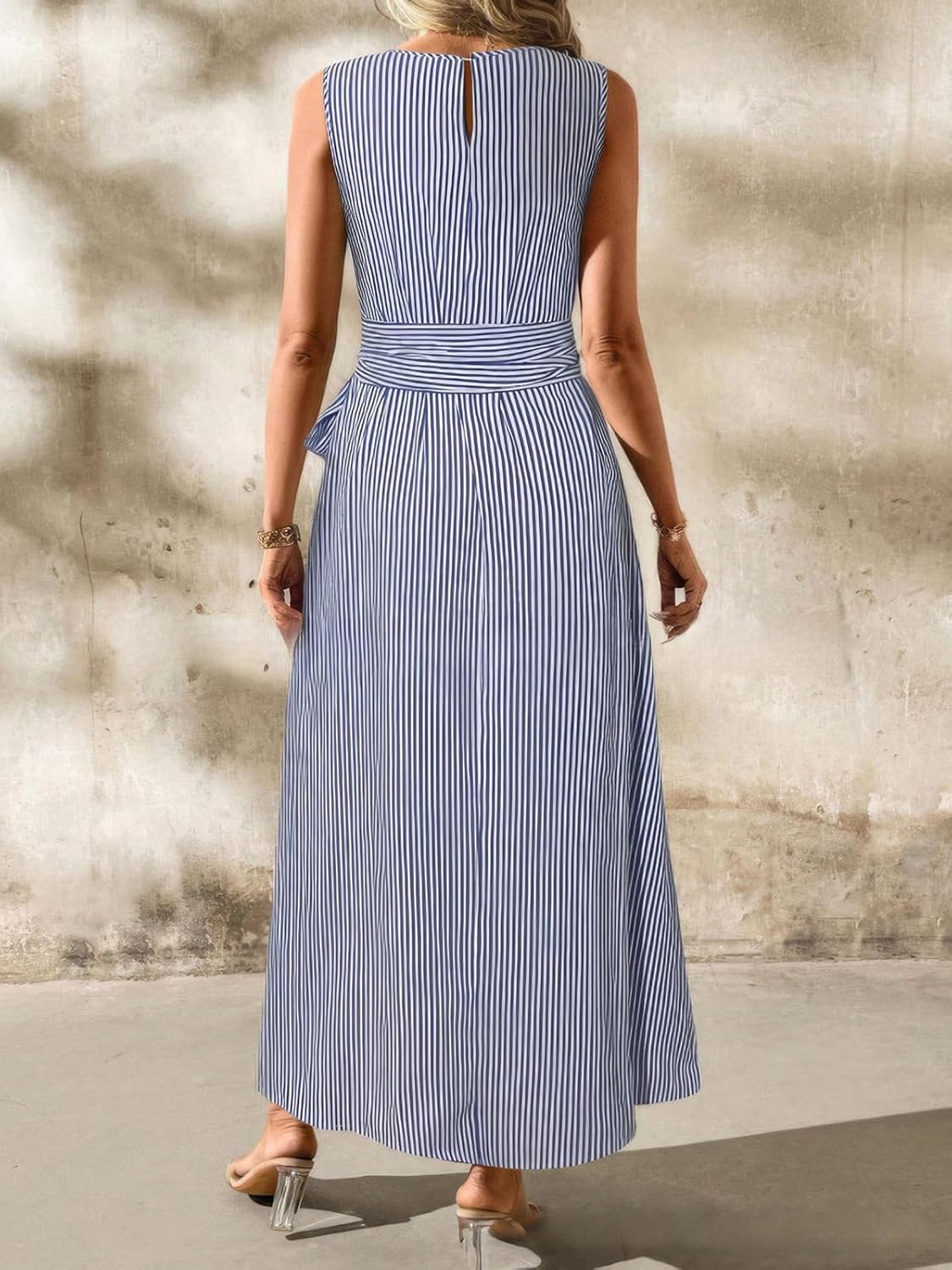 ebossy Women's Striped Shirt Dress Casual Crewneck Tie Waist Sleeveless A-Line Maxi Cotton Dress with Pockets - Image 6