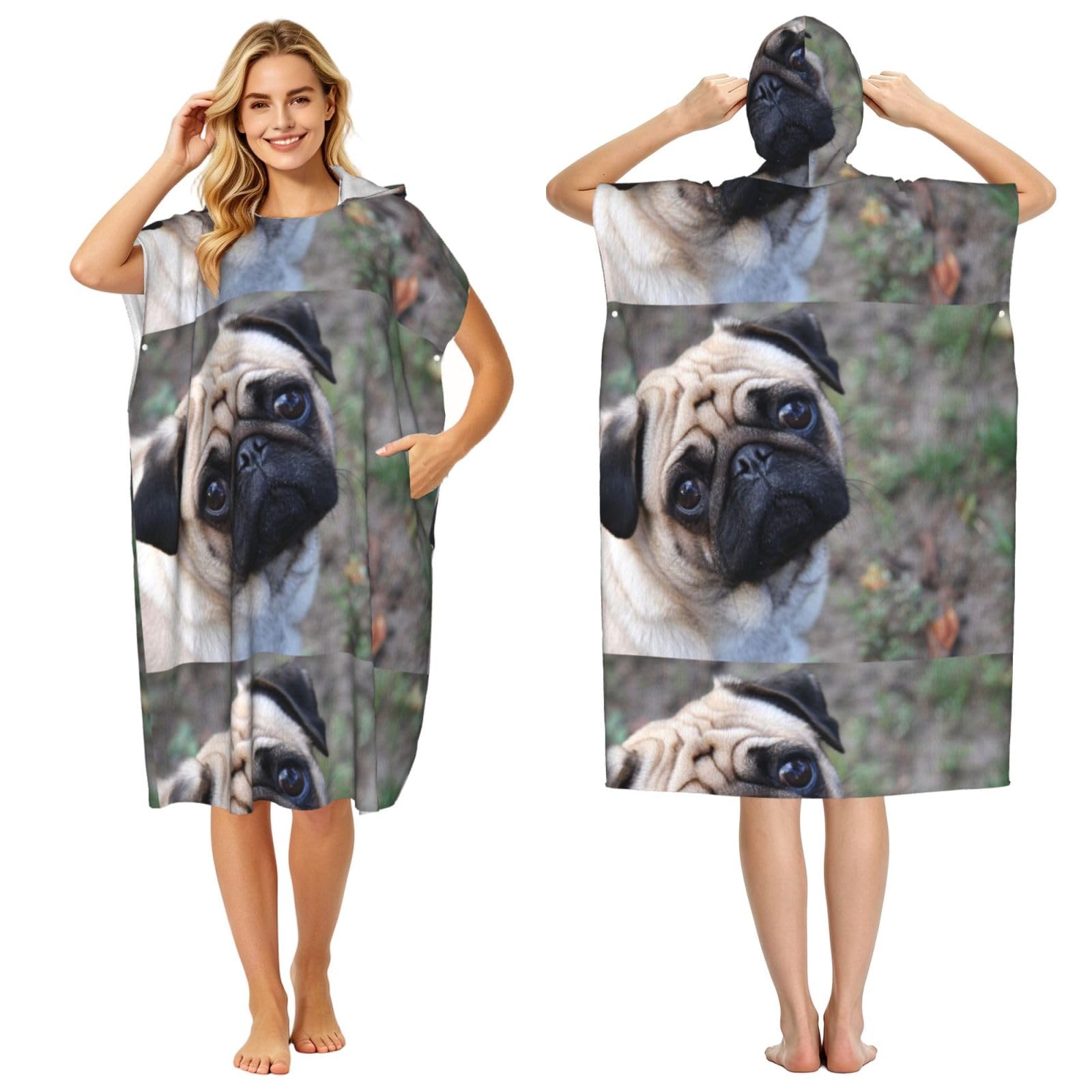 Poadnly Pug Dog Printed, Adult Hooded Beach Towel 90 x 110 cm,Changing Bath Robe, Surf Poncho Towel For Women Men