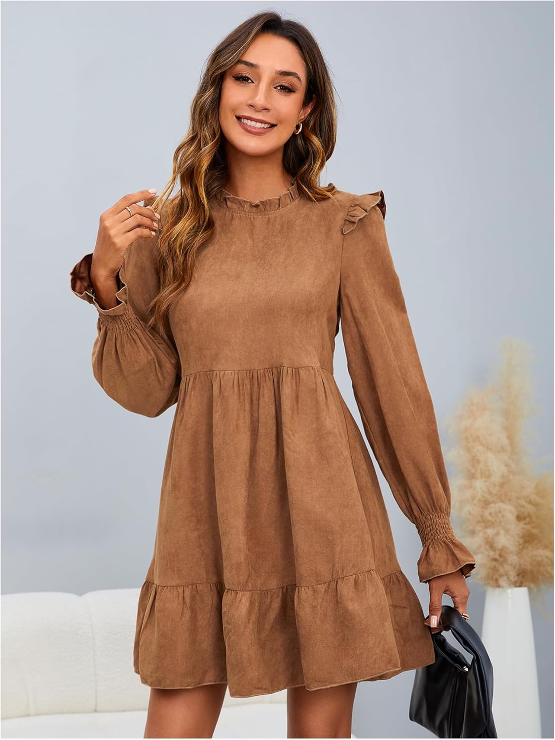 MakeMeChic Women's Ruffle Smock Dress Long Sleeve Mock Neck Shirred Frill Trim Short Dresses - Image 3