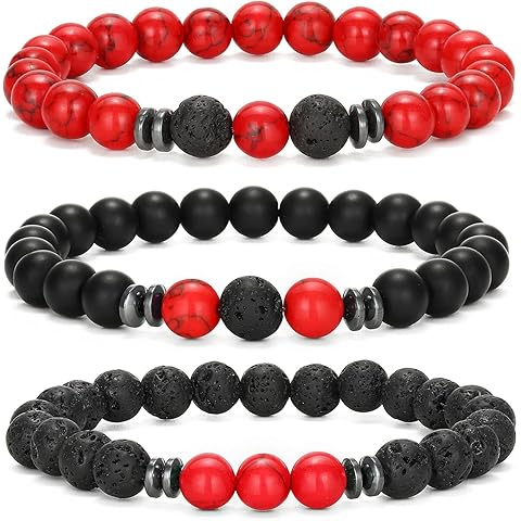MengPa Mens Beaded Bracelets Couples Matching Bracelet Set Lava Rock Beads for Women Stone Jewelry
