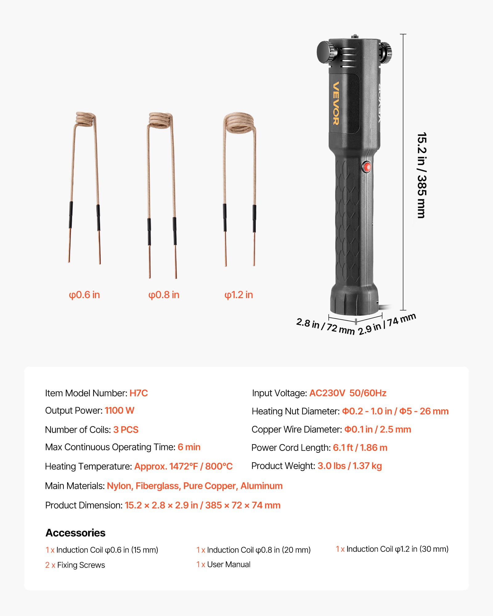 VEVOR Rimozione Bulloni Riscaldatore a Induzione, 1100 W 230 V, Strumento Portatile per la Rimozione di Dadi, Mini Macchina Riscaldante per la Rimozione di Viti Arrugginite, con 3 Bobine