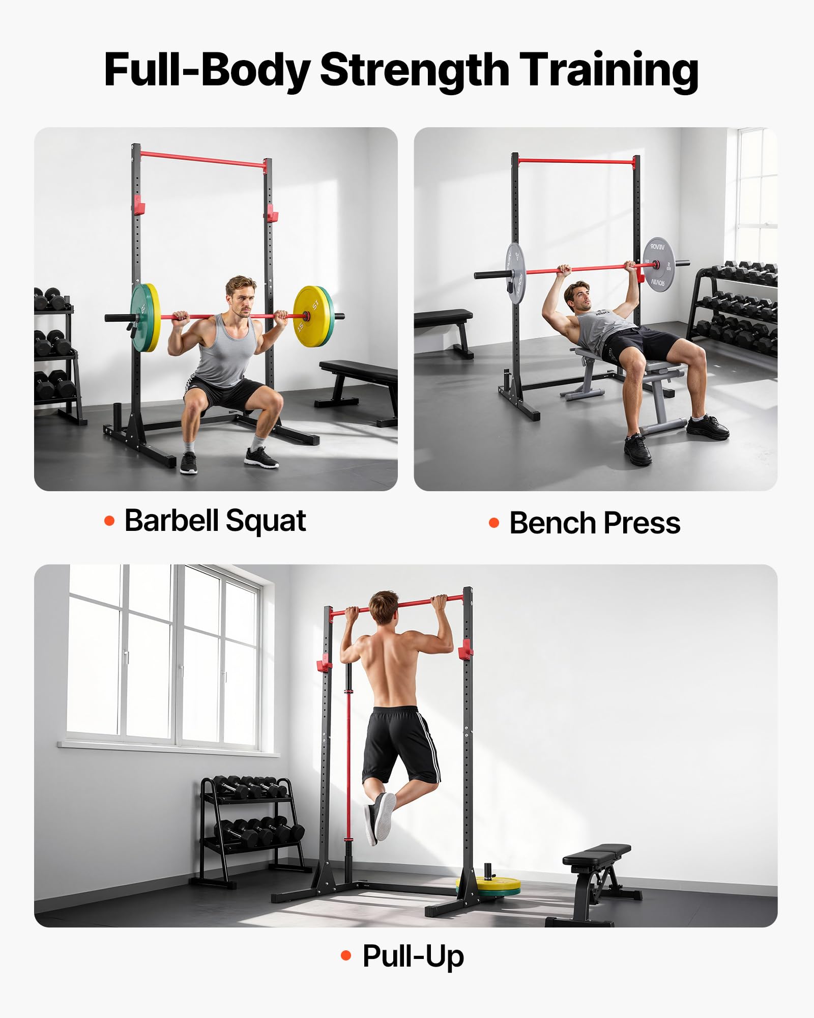 VEVOR Attrezzatura Multifunzionale per Panca Power Rack con Ganci a J Regolabili a 28 Livelli, Allenamento della Forza per 362 kg, Palestra Domestica per Squat con Bilanciere, Sollevamento Pesi