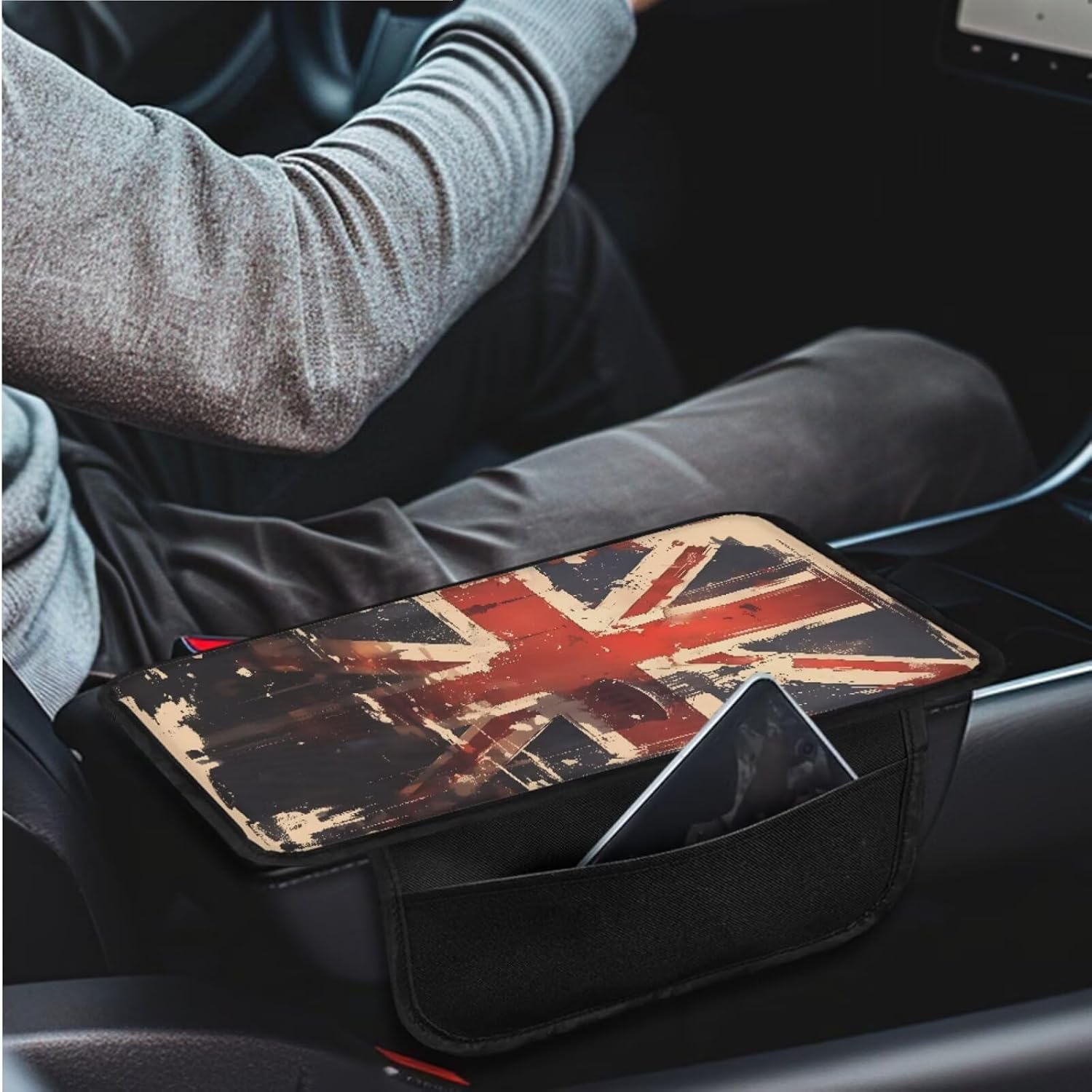 11 Set UK Flag Front Seat Car Seat Covers, Union Jack Vehicles Cup Holder Coasters Steering Wheel Cover, Watercolor Retro Flags Sun Protection Arm Sleeves
