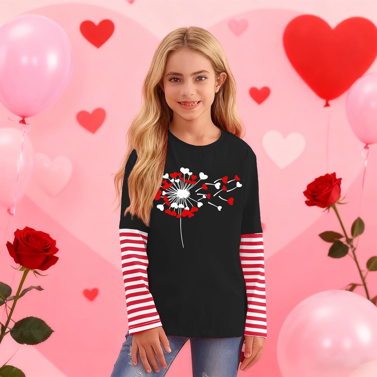 VVNTY Kids Valentines Shirt Boys Girls Cute Heart Graphic Tee Teen Stripe Long Sleeve Tops 5-12y - Image 2