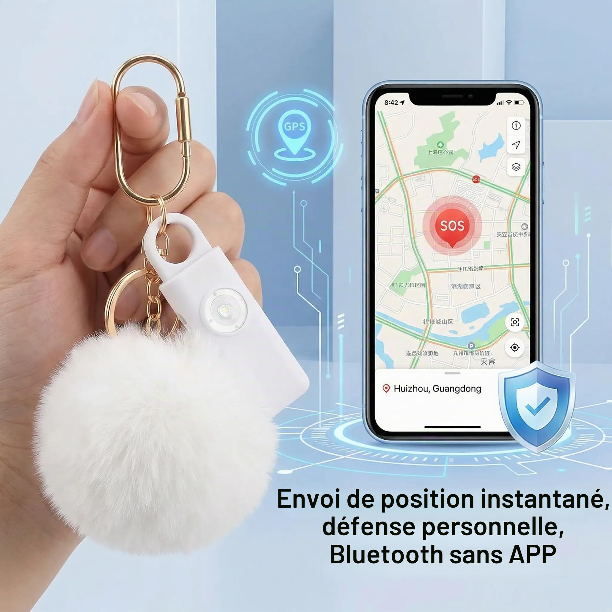 Porte-clés d'alarme anti-panique, dispositif anti-agression SOS appel automatique, envoi instantané position GPS, sirène 130 dB, défense personnelle et autodéfense pour femmes, enfants et personnes
