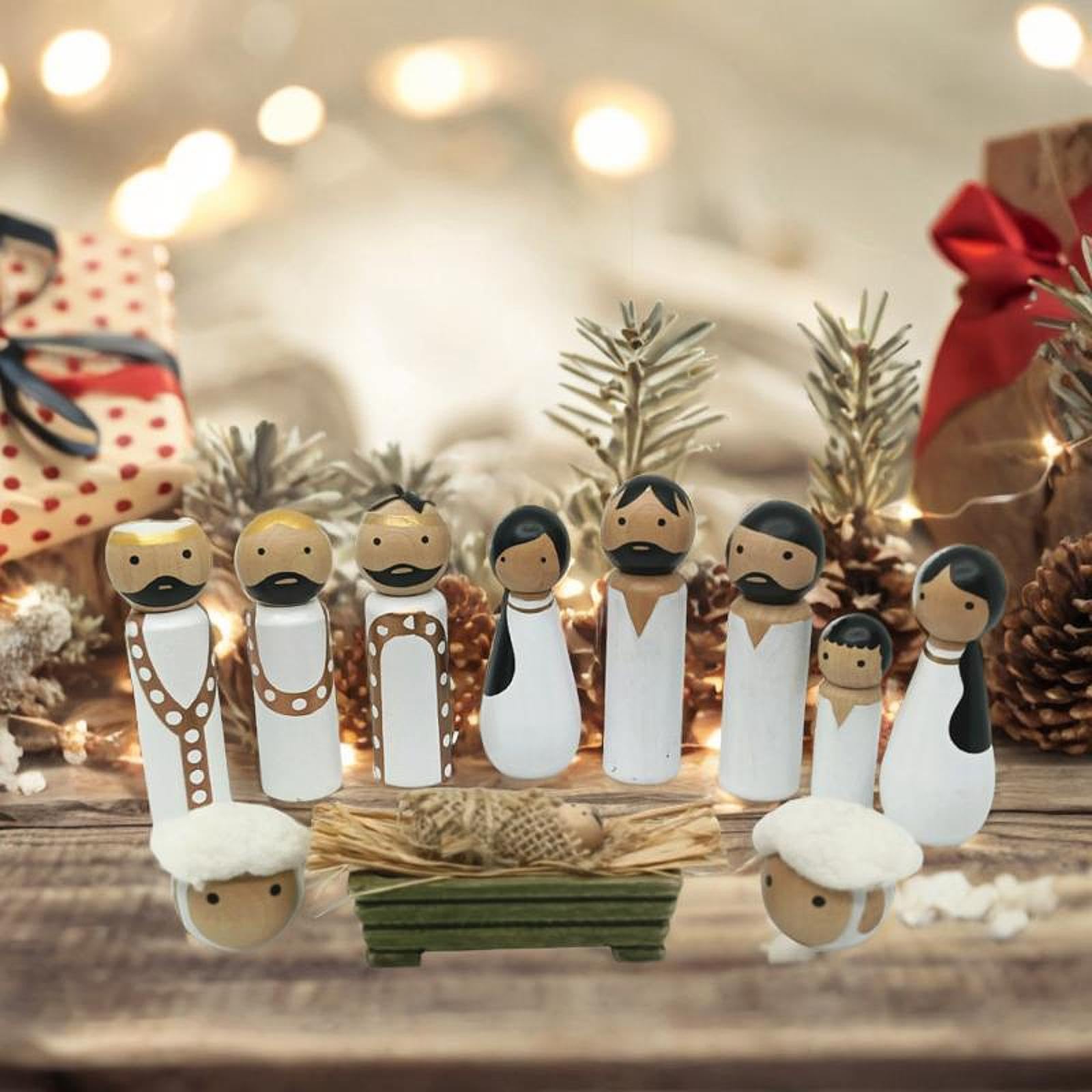 jojomis Wooden Nativity Scene Figurine Set, Handcrafted Jesus Birth Tabletop Ornament, Christmas Holiday Decoration for Home Desk or Mantel