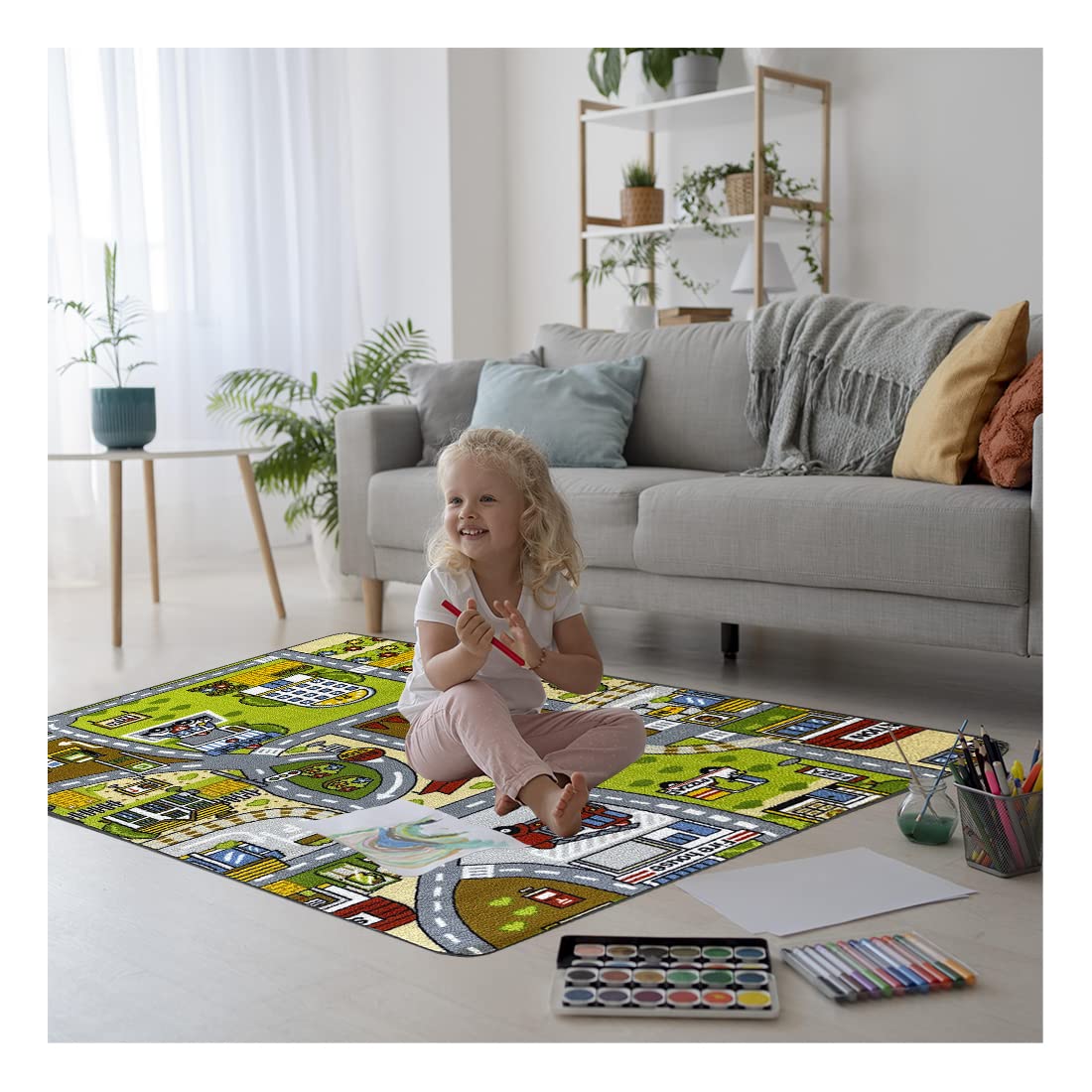 Acomoda Textil – Alfombra Infantil Ciudad Carretera para Jugar con Coches. Alfombra Antideslizante, Plegable y Acolchada. (Modelo B, 90x133 cm)