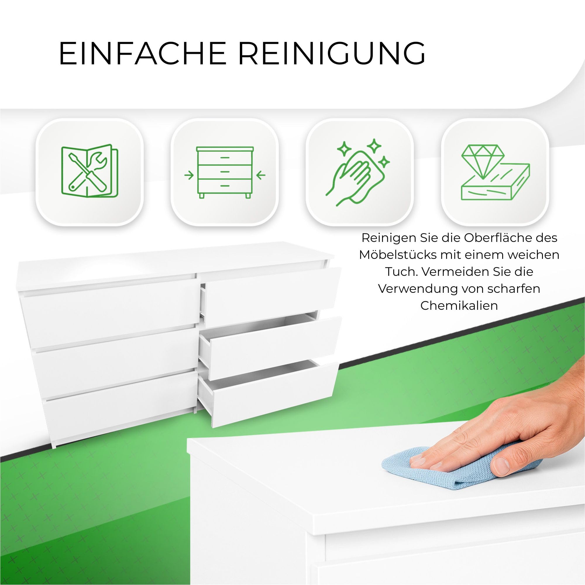 CDF Kommode Weiß mit 6 Schubladen 40 cm Tief Komodenschrank Komode für Wohnzimmer Schlafzimmer Schubladenschrank Malm Kommode viel Stauraum Geeignet Organizer Kleidung 138 cm Breite Modern Look