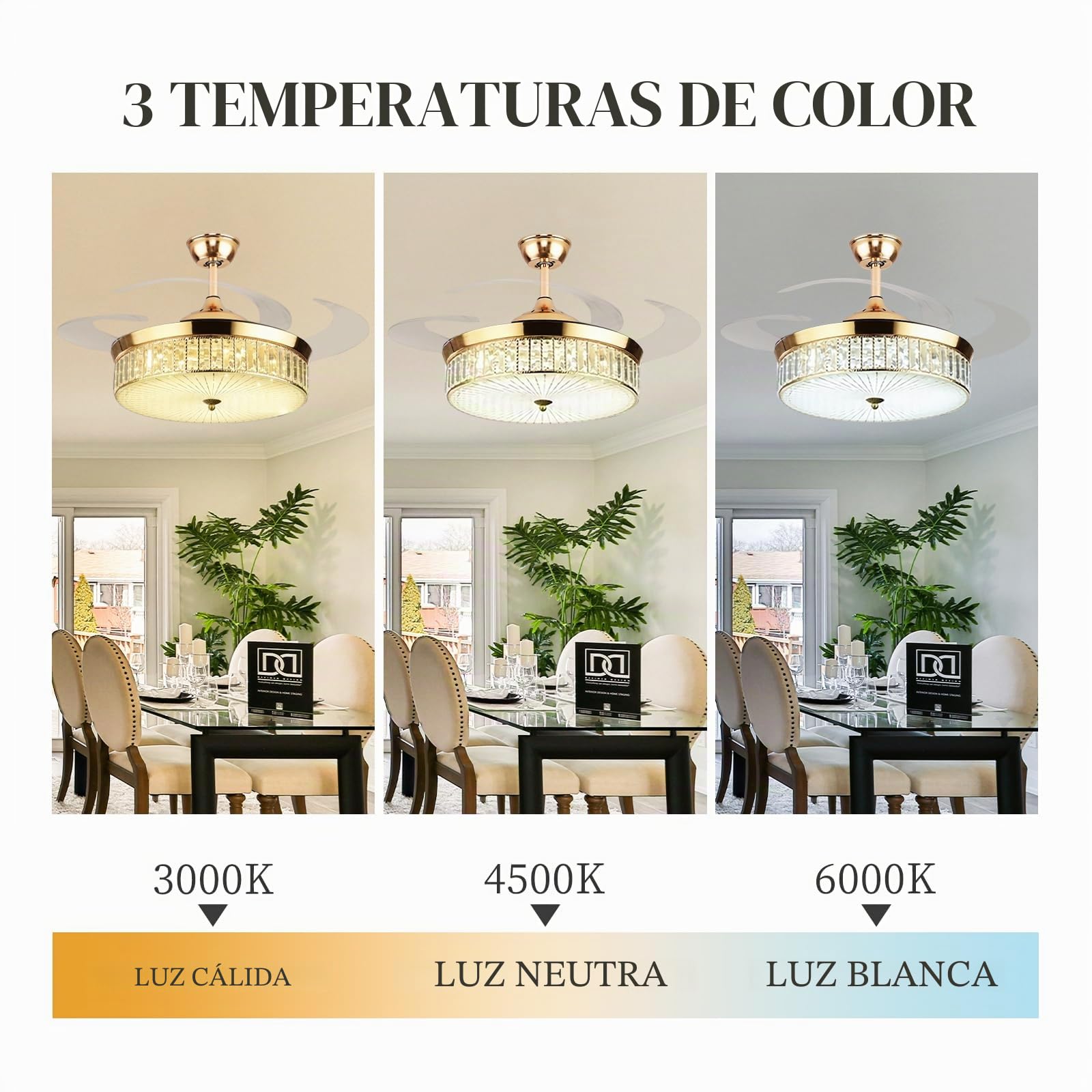Cristal Lampara con Ventilador de Techo - Aspas Retráctiles Silencioso con Luz y Mando a Distancia CC Reversible, 6 Velocidades, 3 Colores Moderno - Golden||122CM