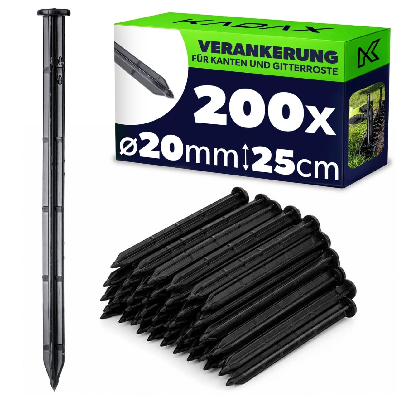 KADAX Anclajes de plástico para montaje de tierra, 25 cm, anclajes de plástico para el suelo, anclajes con puntos, anclajes de plástico para bordes y rejillas de césped (negro, redondo, 200 unidades)