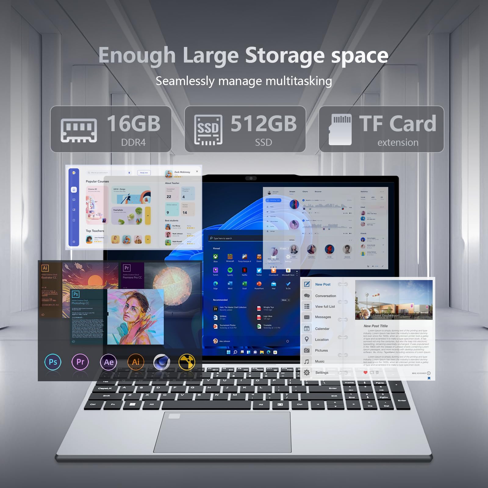 Ordenador Portátil 15,6" Celeron N95, PC Portátil Win 11 16GB RAM 512GB SSD, Laptop Pantalla FHD IPS, Teclado Retroiluminado con Huella Dactilar, USB3.0, HDMI, WiFi 5 - Computadora Portátil Versátil - 4