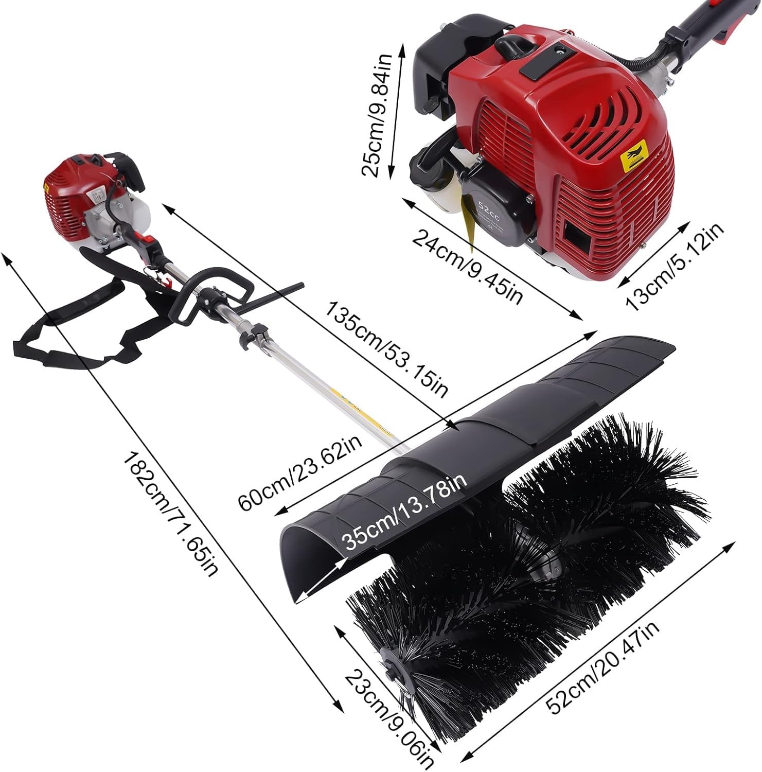 Zamiatarka pchana z silnikiem dwusuwowym benzynowym o pojemności 52 cm3 i osłoną ochronną, o mocy 1700 W i mocy 2,3 KM, do czyszczenia trawników, opadłych liści, sztucznej trawy i żwiru.