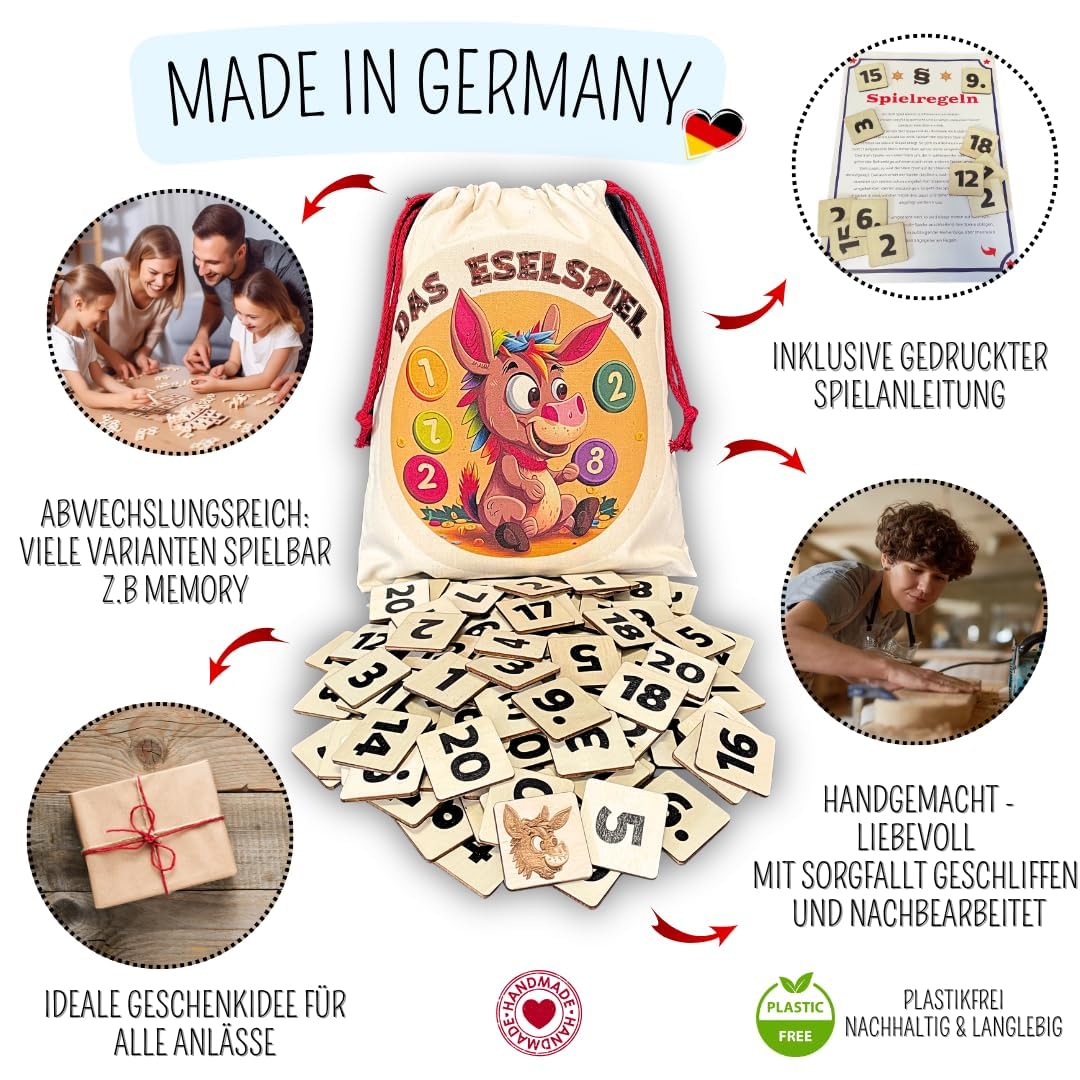 Mutou Das Eselspiel 2.0 ECKIG – Volle Zahlen – 121 Teile aus Holz mit Stoffbeutel – Handgefertigtes Familienspiel - Lernspiel - Geschenk - Partyspiel - Gesselschaftsspiel - Reisespiel