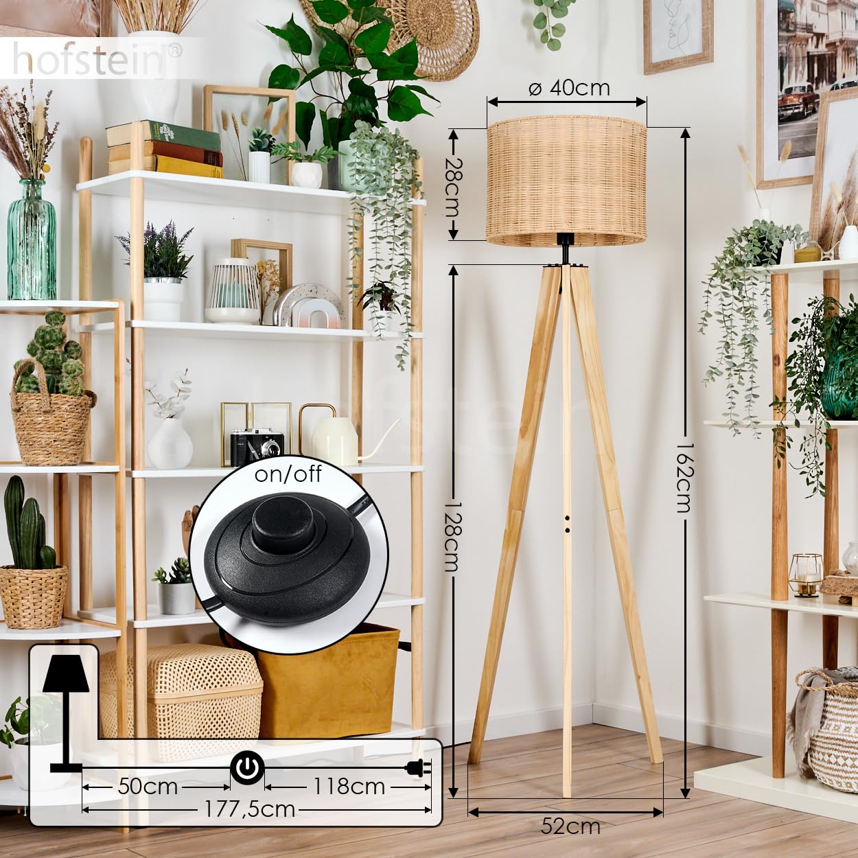 Cavaca Floor Lamp, Wooden/Wicker Floor Lamp In Natural Colours - View #3
