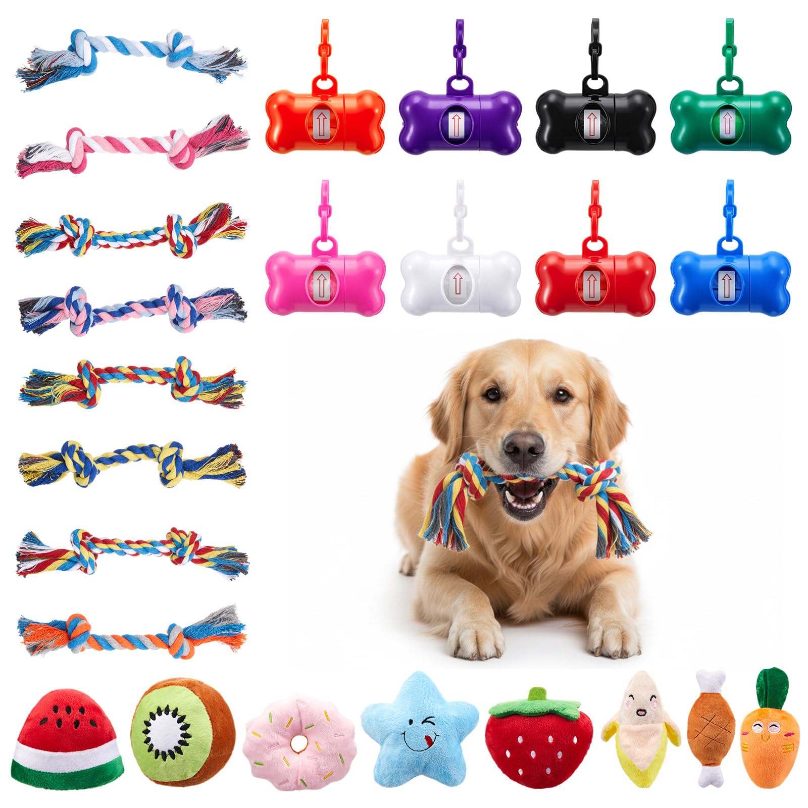 Simgoing 24 Pcs Dog Birthday Party Supplies Dog Squeaky Toys Poop Bag Holder and Multi Color Puppy Rope