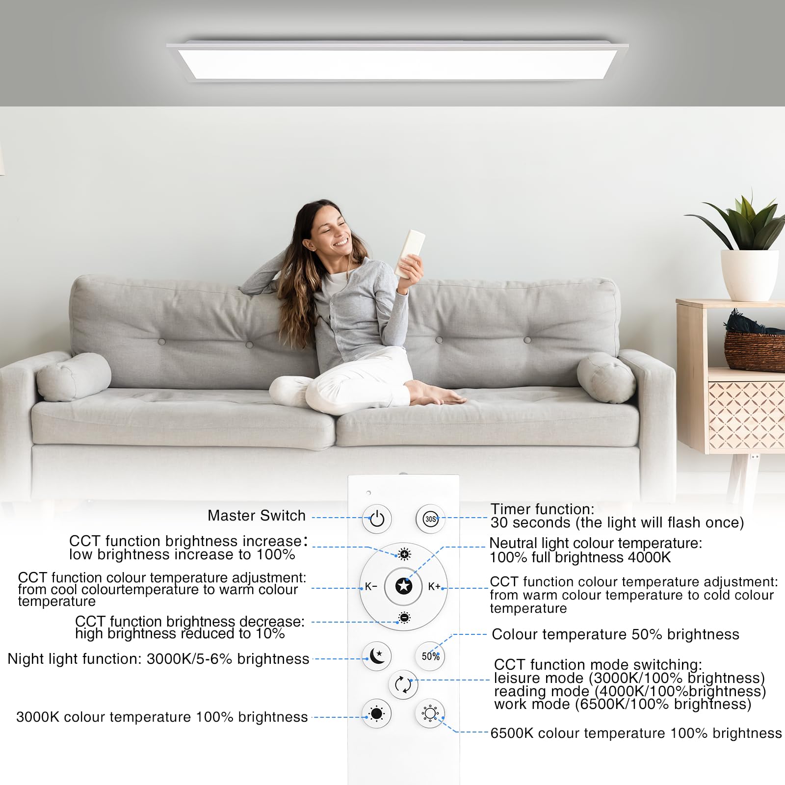 Oraymin LED Panel Deckenleuchte 120x30 CM, Lampe Wohnzimmer Mit Fernbedienung, Moderne Küchenlampe 40W 4400LM, Neutralweiße Deckenlampe Für Büro, Wohnzimmer, Küche, Schlafzimmer