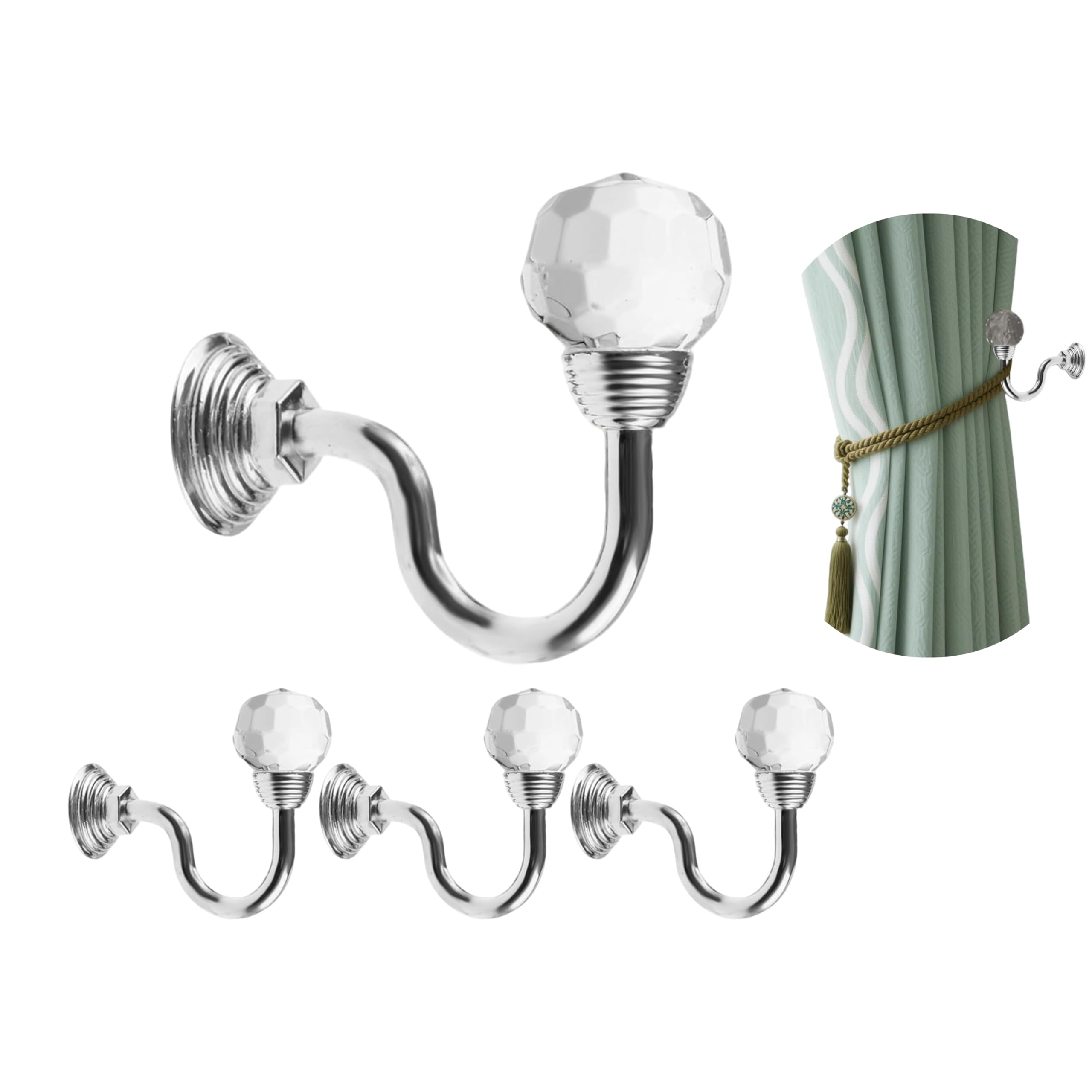 4 PCS Silver Round Head Crystal Glass Curtain Hold Back | Window Curtain Tieback Hooks Hanger Holder With Screws | Decorative Diamond Wall Hooks