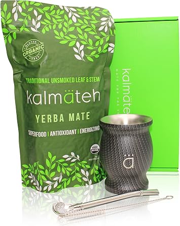 Kalmateh Traditional Yerba Mate Starter Set Double Walled Stainless Steel Mate Gourd Cup with BPA Free Lid, Bombilla/Bombilla Cleaner & Organic Unsmoked Yerba Mate Galactic Black