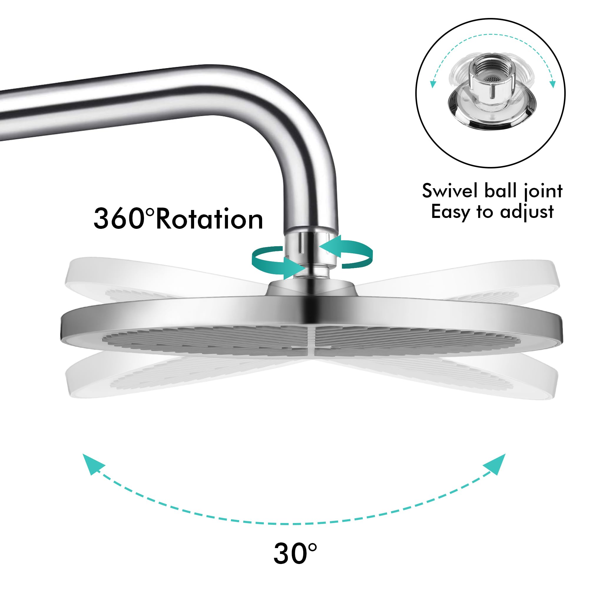 Rainfall Shower Head Fixed Showerhead 9.6-Inch Round Bathroom Rainhead Overhead Waterfall Shower Head with Adjustable Swivel Ball Joint - Image 2