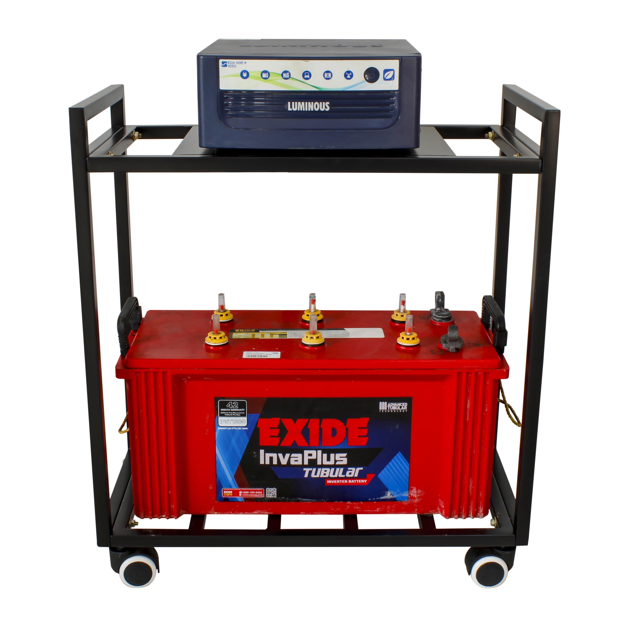 D&V Engineering 2-Tier Metal UPS Inverter Stand with Rolling Caster Wheels | Heavy Duty Mobile Holder for Home, Office, Industrial Use | Max Load 150KG | Fits Single Battery