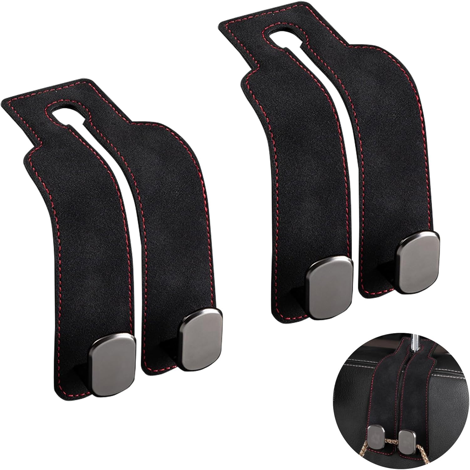 LOMNUSG Car Hooks for AUDI Q7 2026-2026 Headrest Seat Back Hanger Suede Leather Storage Organiser Hooks Interior Accessories, 2 Pack