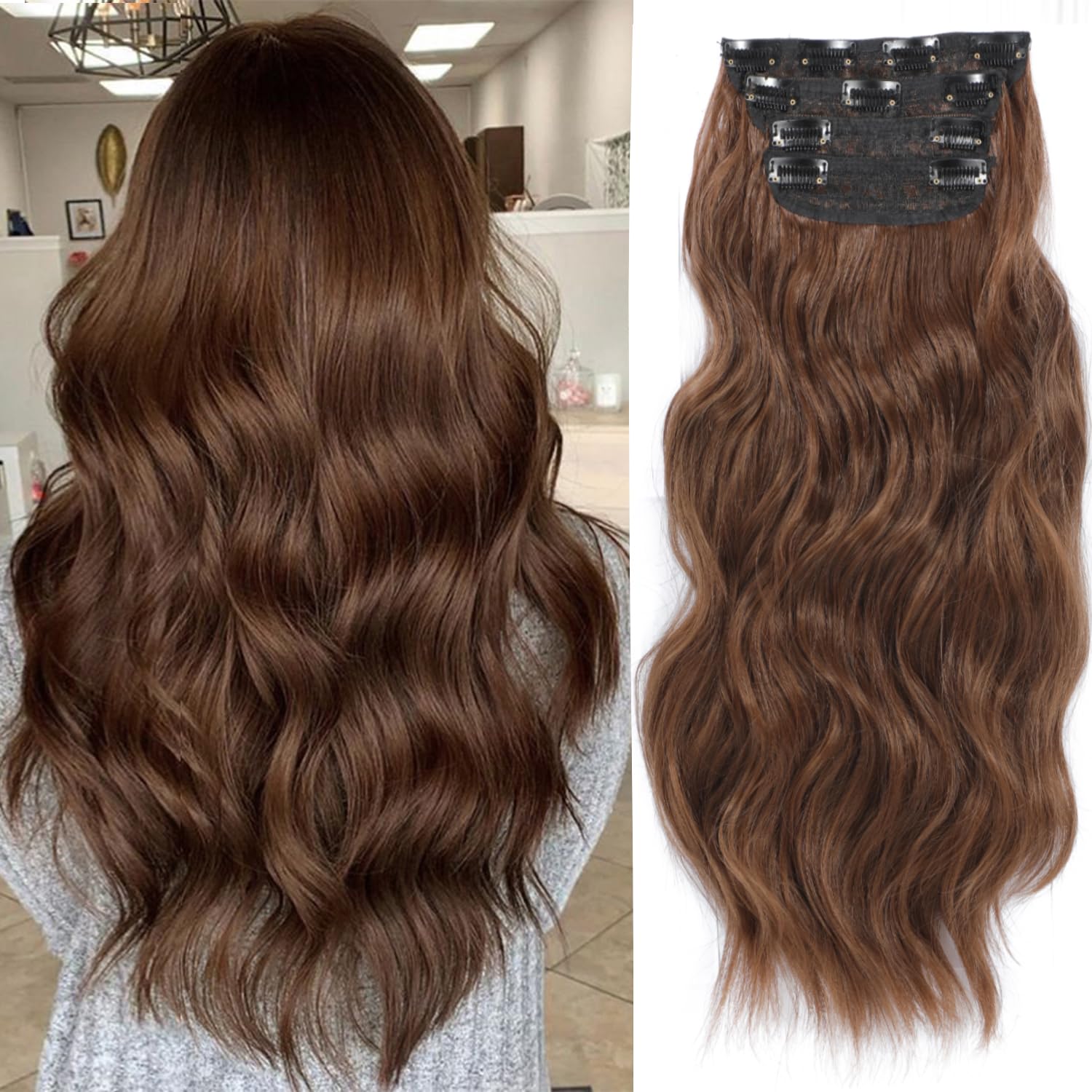 20inch Hair Extensions Clip in Golden Chestnut Brown Hairpieces for Women 4PCS Full Head Set Thick Hair extension Wavy hair Extensions