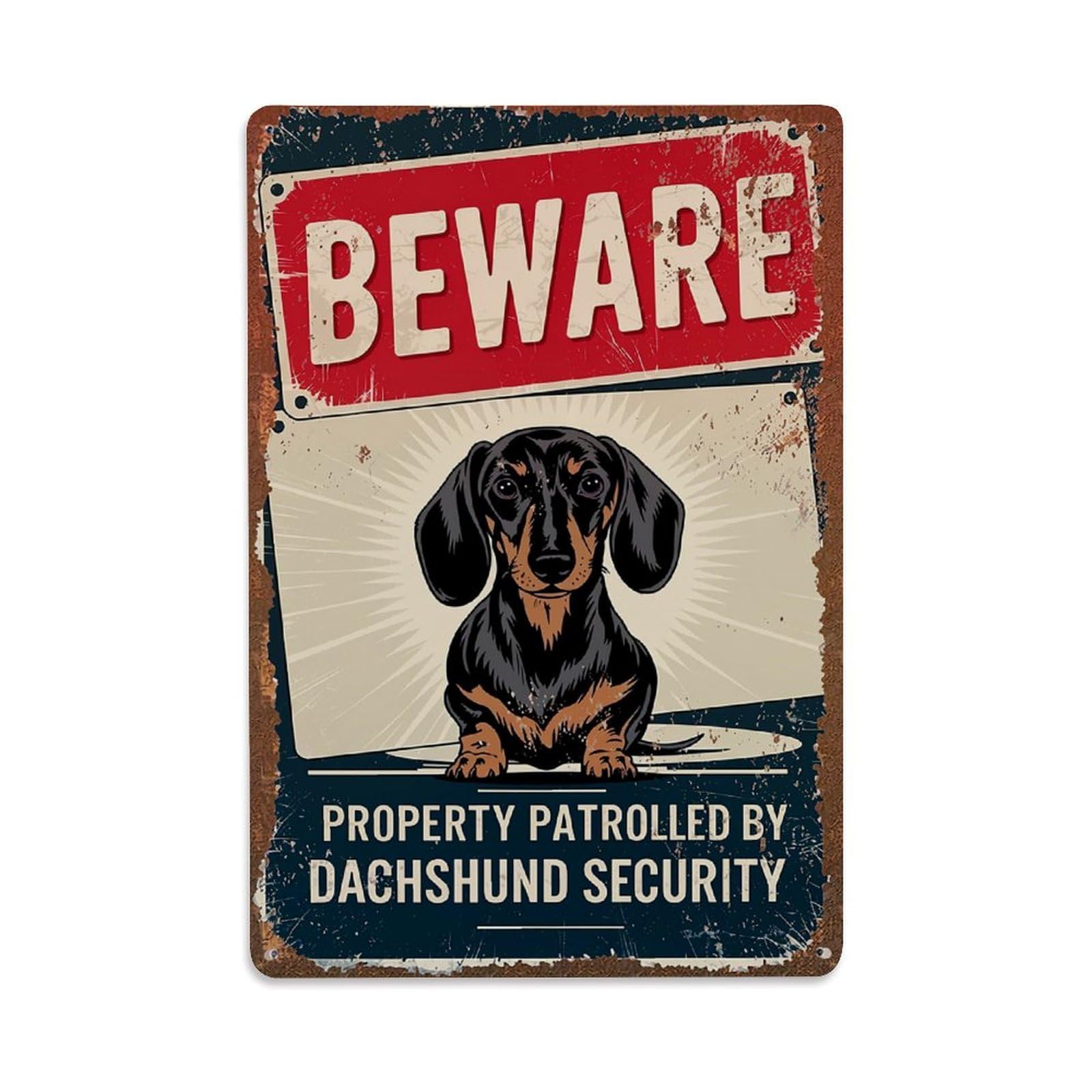 Bliveurn Vintage Beware Dachshund Security Sign Print Retro Metal Tin Sign, Metal Poster For Home, Gaming Room, Studio Workshop,Bar,Garage Wall Art Decor 8X12 Inch