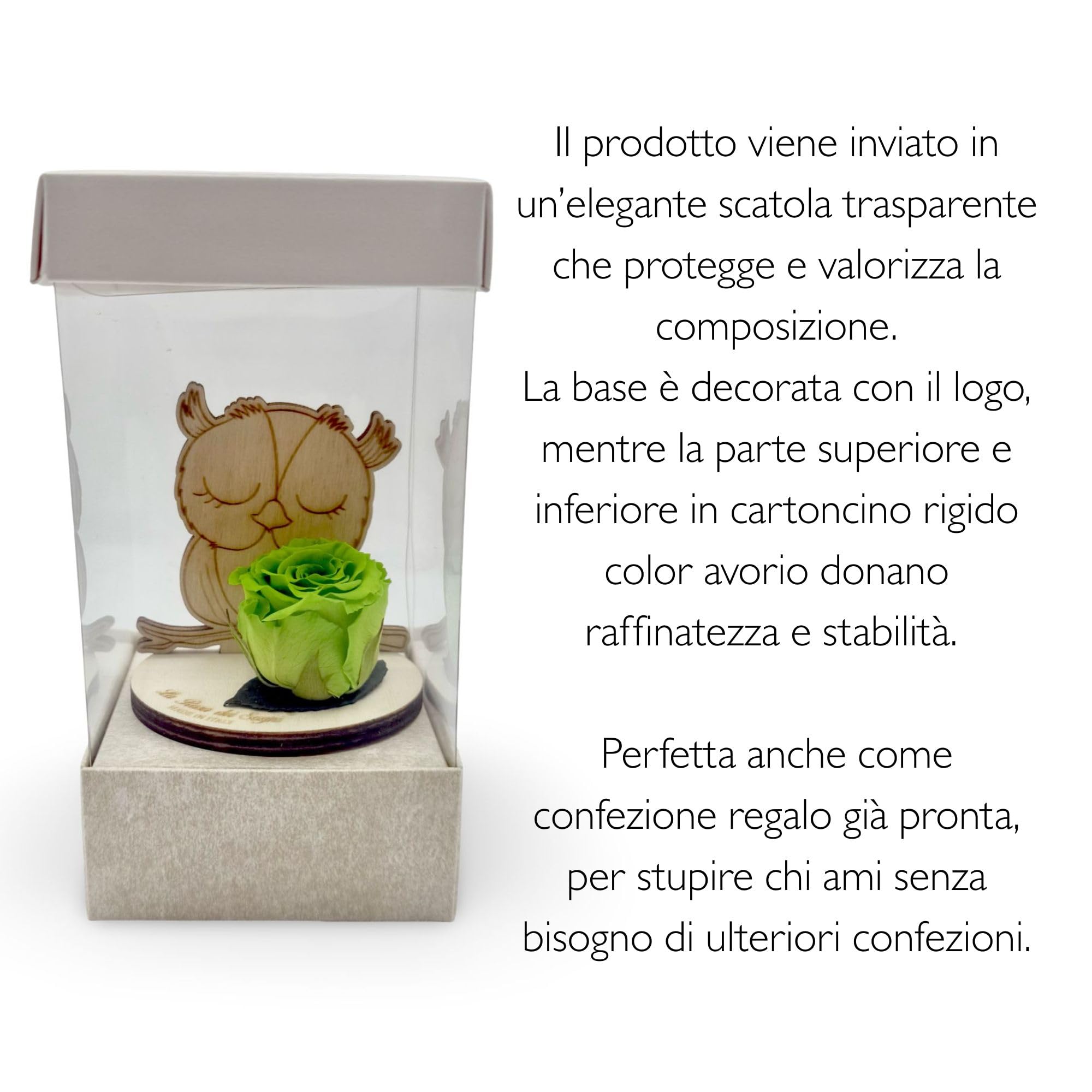 Rosa Stabilizzata con Gufo in Legno Intaglio Laser– Fiore Naturale a Lunga Durata, Scatola Elegante – Made in Italy (Giallo)