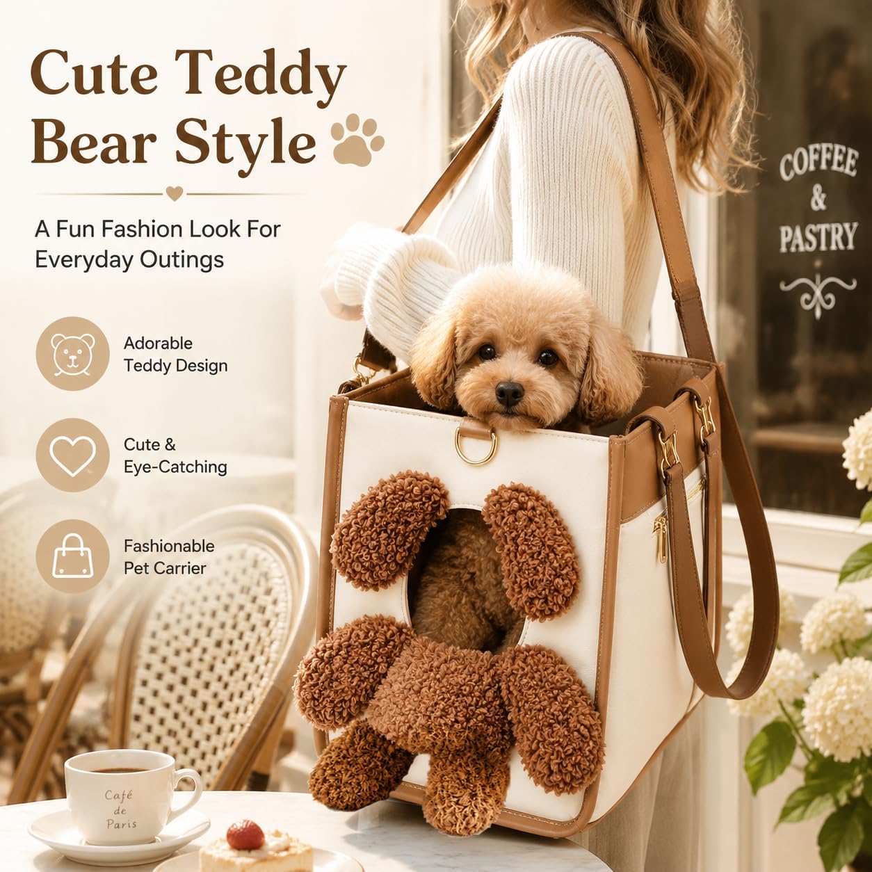 Bolso transportín para Perros Estilo Osito de Peluche, Bolso Multifuncional 2 en 1 con Orejas peludas y Ventana de visualización para Paseos y recados (M)