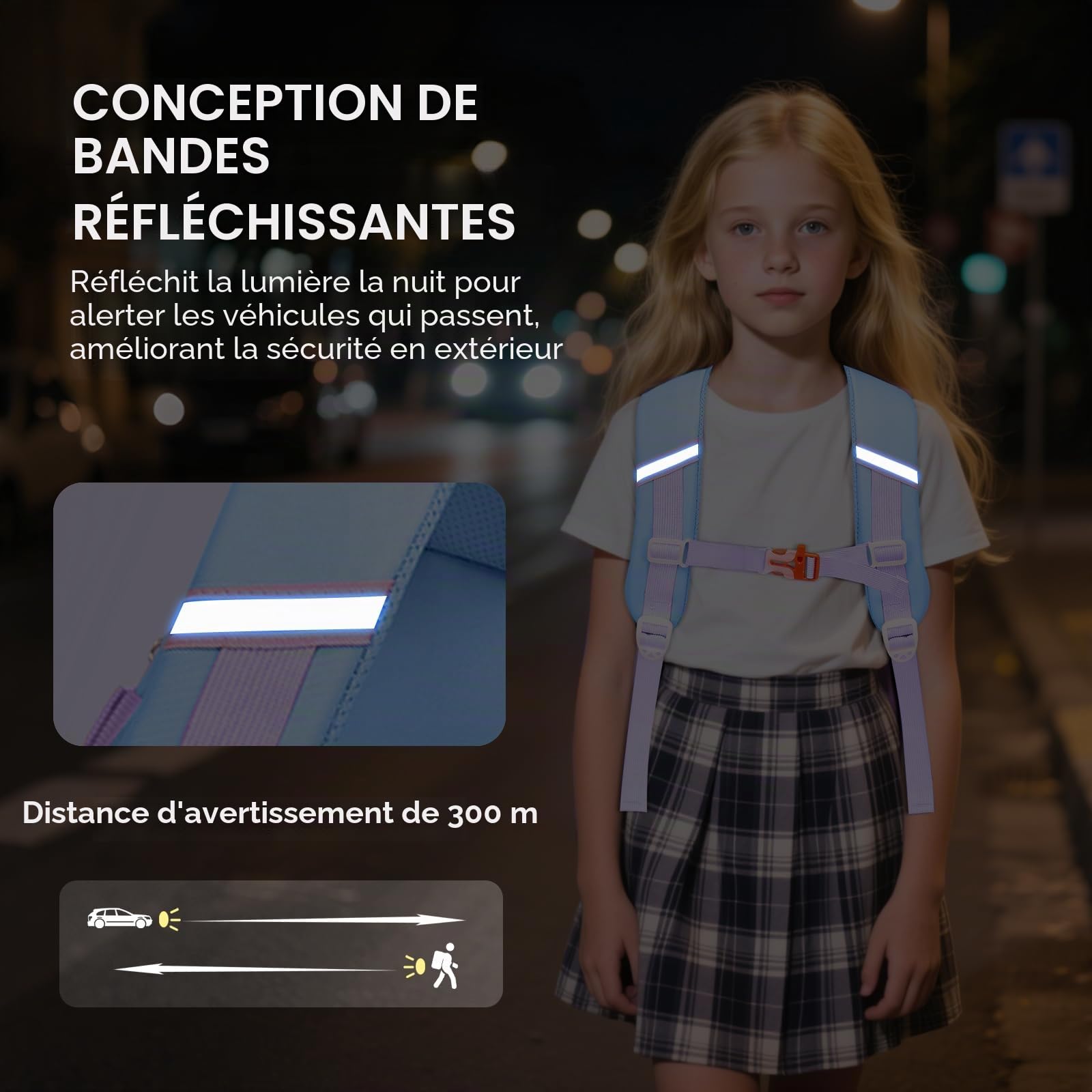 Tanou Sac d'école Fille Primaire, Cartable Scolaire Kawaii en 3 Pièces | Léger et Confortable Sac à Dos Fille avec Sac repas et Trousses, CE1 au CM2, Bleu