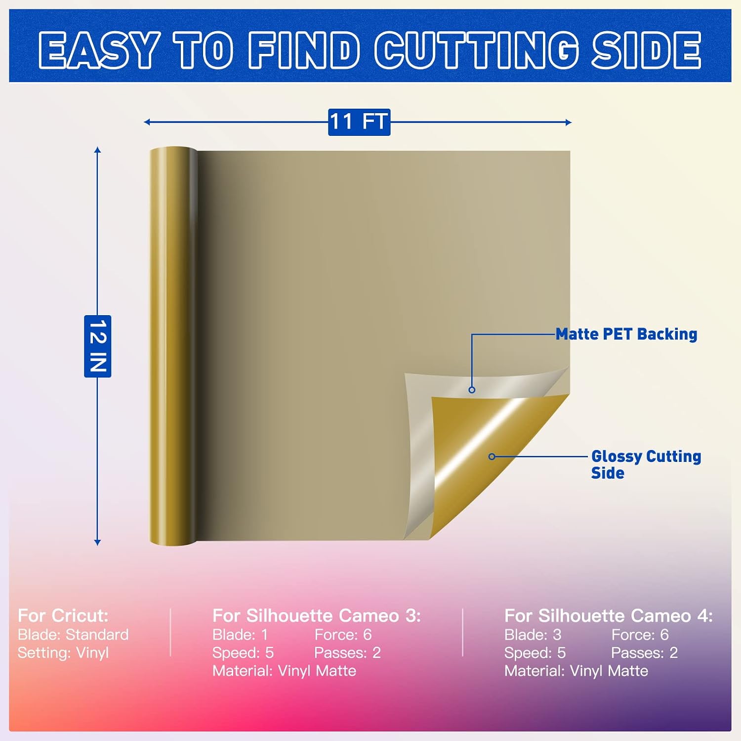 HTVRONT Gold Permanent Vinyl for Cricut, Gold Permanent Vinyl Rolls - 12" x 11 FT Adhesive Vinyl Roll for Cricut, Silhouette, Cameo, Signs, Scrapbooking, Craft, Die Cutters (Glossy Gold)
