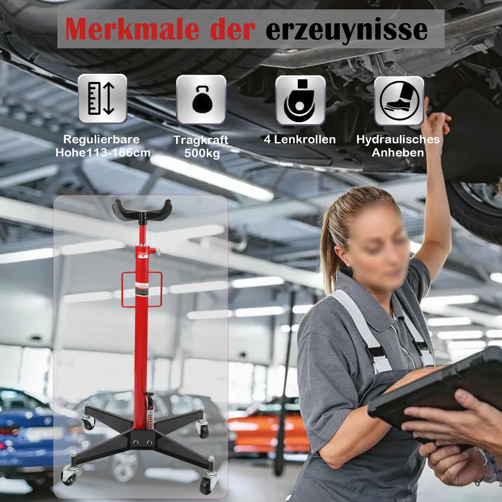 Getriebeheber hydraulisch | 0.5T Motorheber | Arbeitshöhe 113-186 cm | mit 4 Lenkrollen| regulierbar | hydraulik | rot