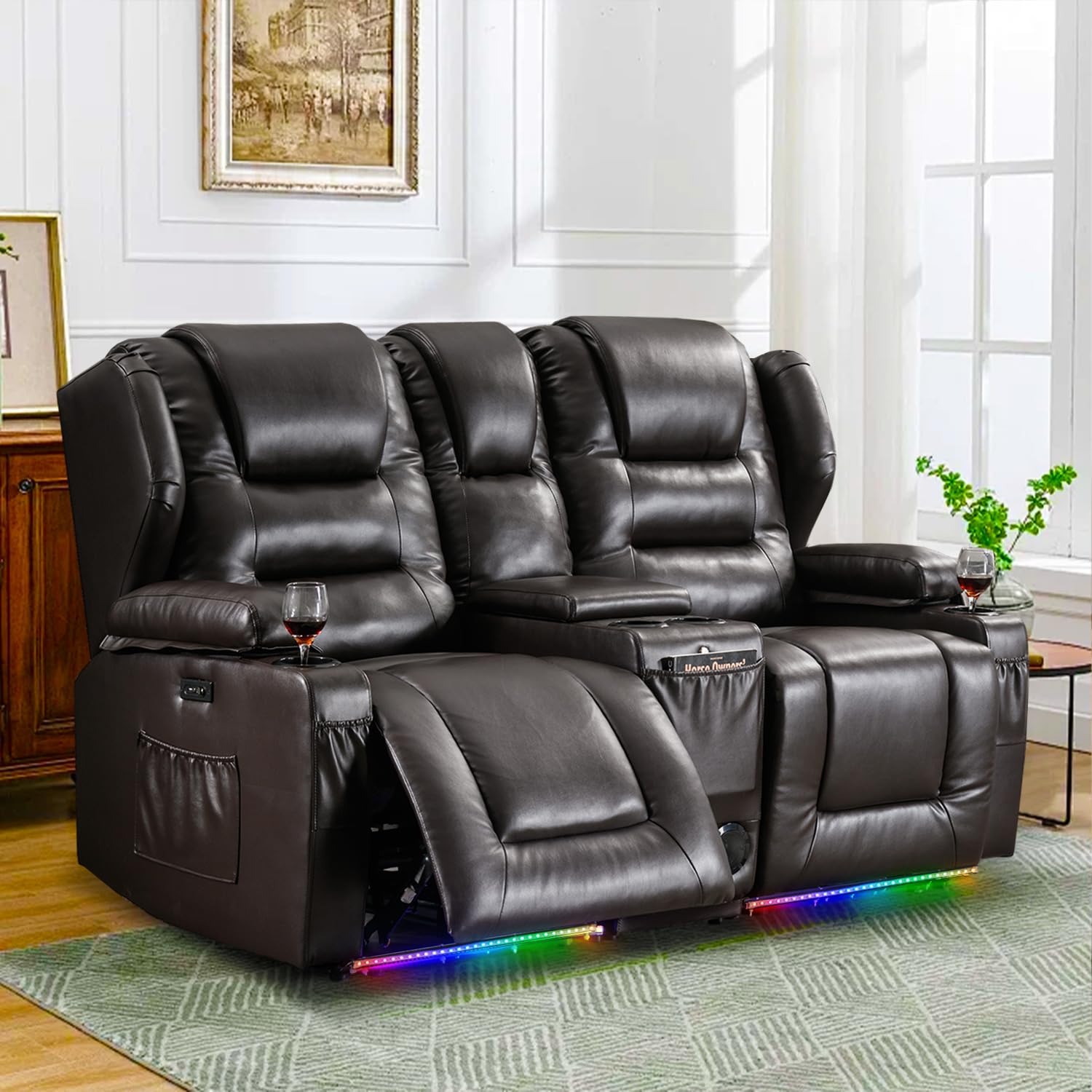 Oprisen Loveseat Power Recliner Sofa Couch Electric Reclining Sofa Chair for Living Room with Multi-Function Console/Cup Holders/LED Ambient Light