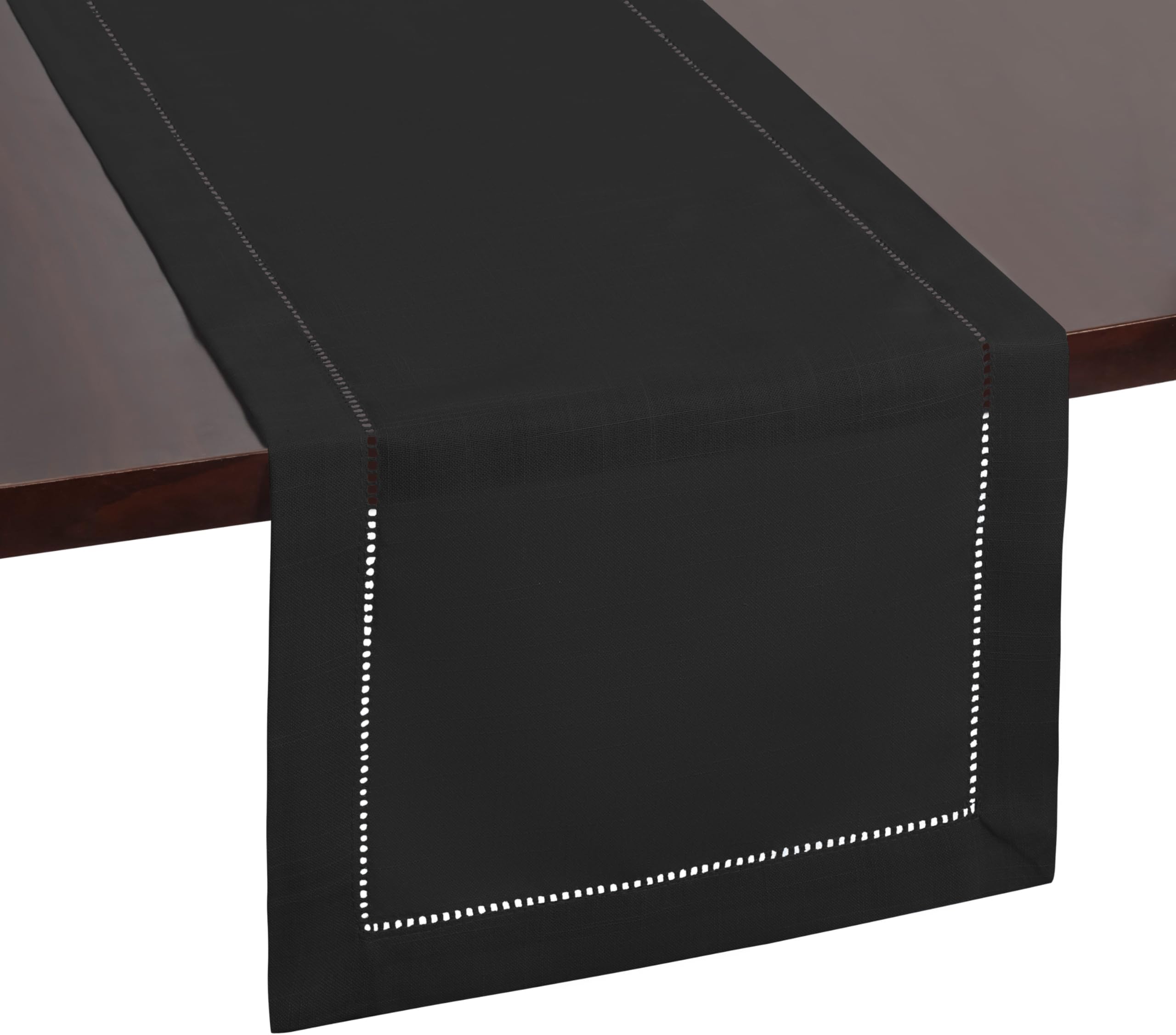 Brio Trends Black Table Runner with Hemstitch - Ideal for Black Christmas Decor, Black Birthday Party Decor, Formal Events or Black and White Kitchen Decor, Camino de Mesa (14 x 54 Inches Long)