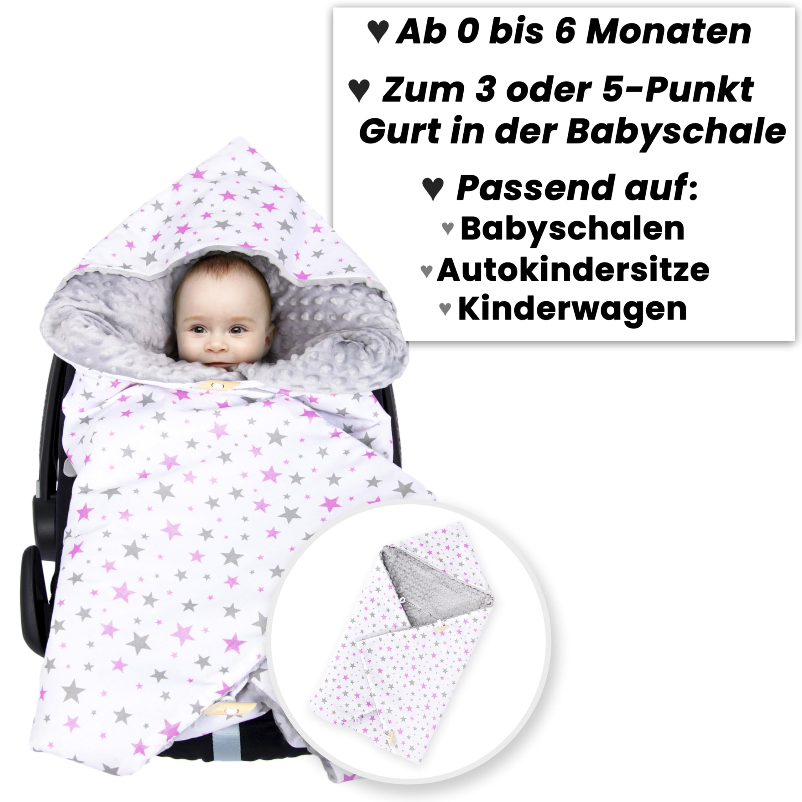 Amilian Einschlagdecke Babyschale - 90x90 cm - Baby Erstausstattung Neugeborene - für Komfort und Sicherheit Ihres Kindes für Buggy Kinderwagen oder Autositz - Sternchen Klein Rosa