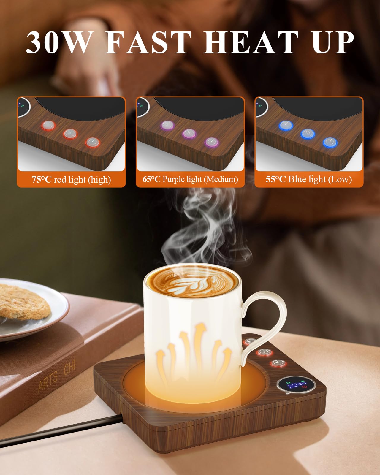 HOMEASY Calentador de Tazas, 30W para Tazas Eléctrico con 3 Configuraciones de Temperatura 4H Apagado Automático para Escritorio Agua Caliente Té Leche Calentador Regalo Marrón