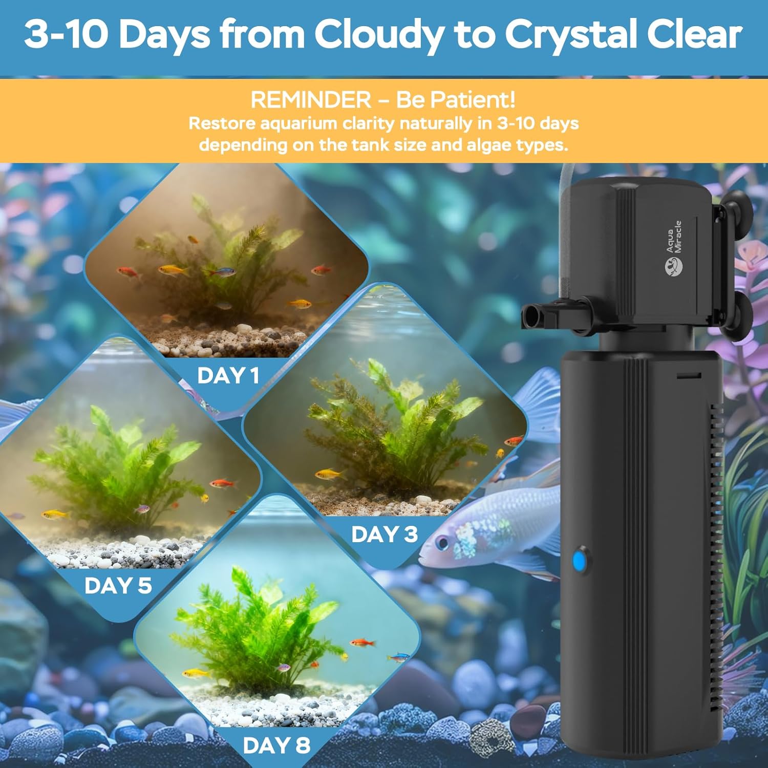 AquaMiracle Fish Tank Filter with Timer & Filter Sponge, 225GPH U - V Aquarium Filter with Aeration & Rainfall Modes, Effective Turtle Filter for Green Water Control (20-70 Gal Tank)