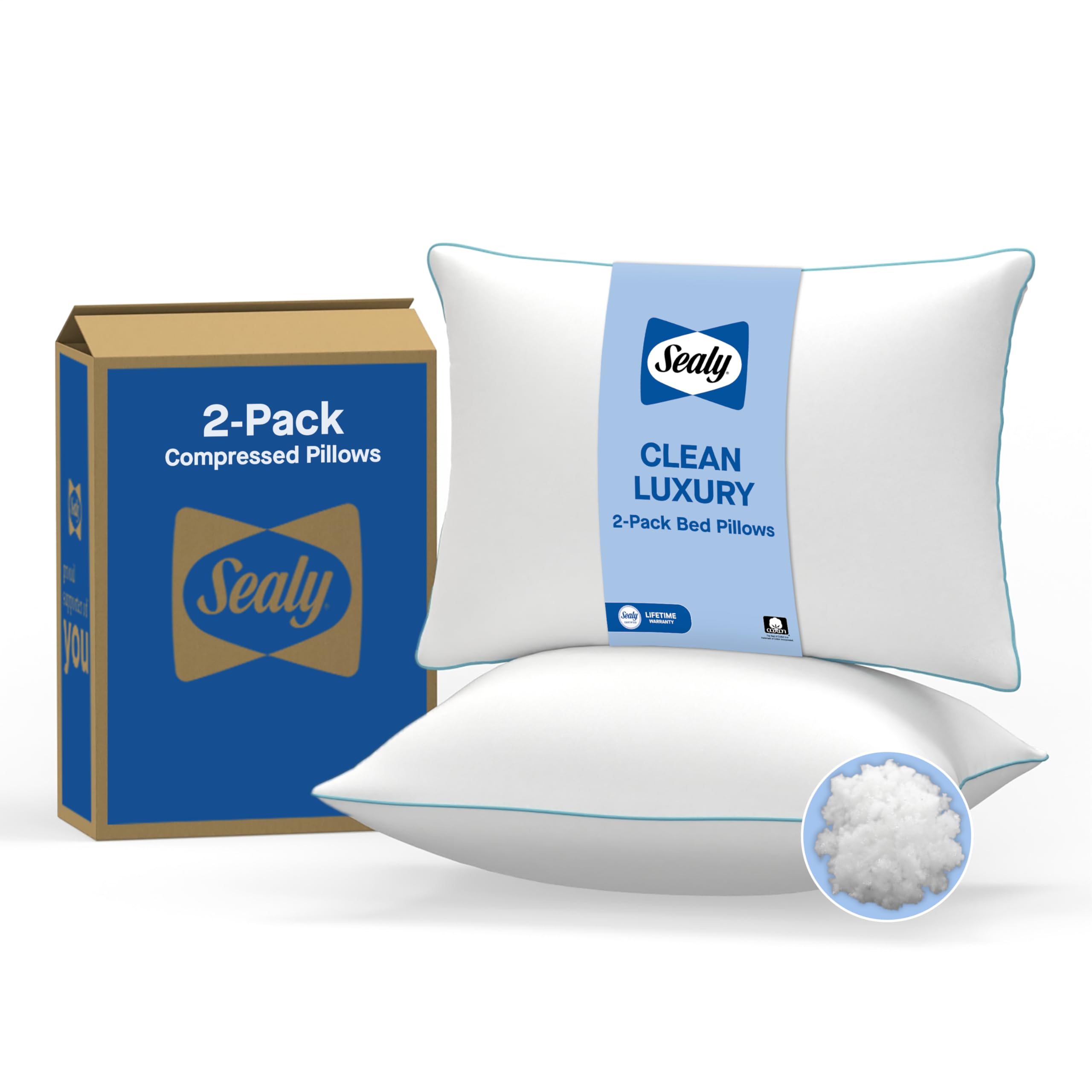 Clean Luxury Slumber Pillow, Odor Inhibiting, Cotton Cover Machine Washable, Standard/Queen, White, 2 Pack