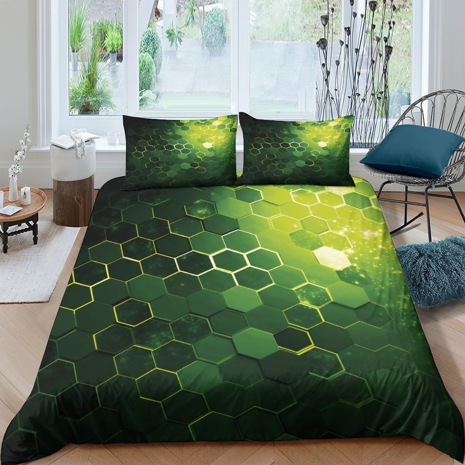 Housse de couette nid d'abeille géométrique 3D vert fluo noir 200x200cm