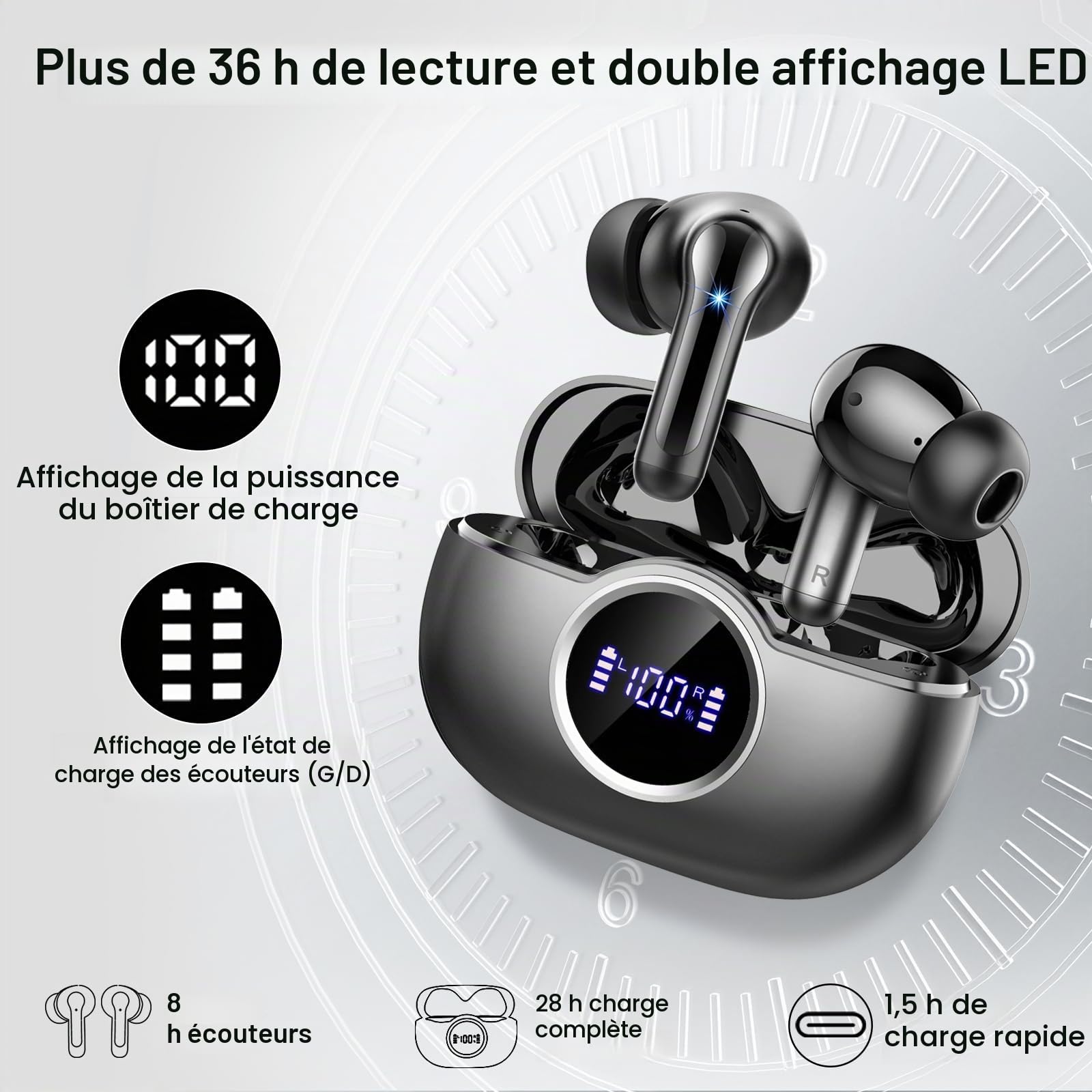 Ecouteurs Bluetooth, Ecouteurs Bluetooth sans Fil 5.4, Réduction du Bruit ENC, Son Hi-Fi Stéréo, 36H Autonomie, Écran LED, Écouteurs Sport Etanches IPX7, USB-C, Ecouteurs Sans Fil pour iOS/Android