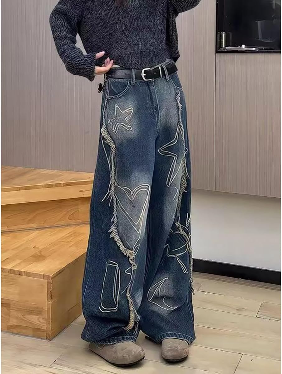 American Women Retro Patchwork Jeans, Stylish and Personalized Star Pattern Design, Loose Y2K Hip-hop Casual Pants - Image 3